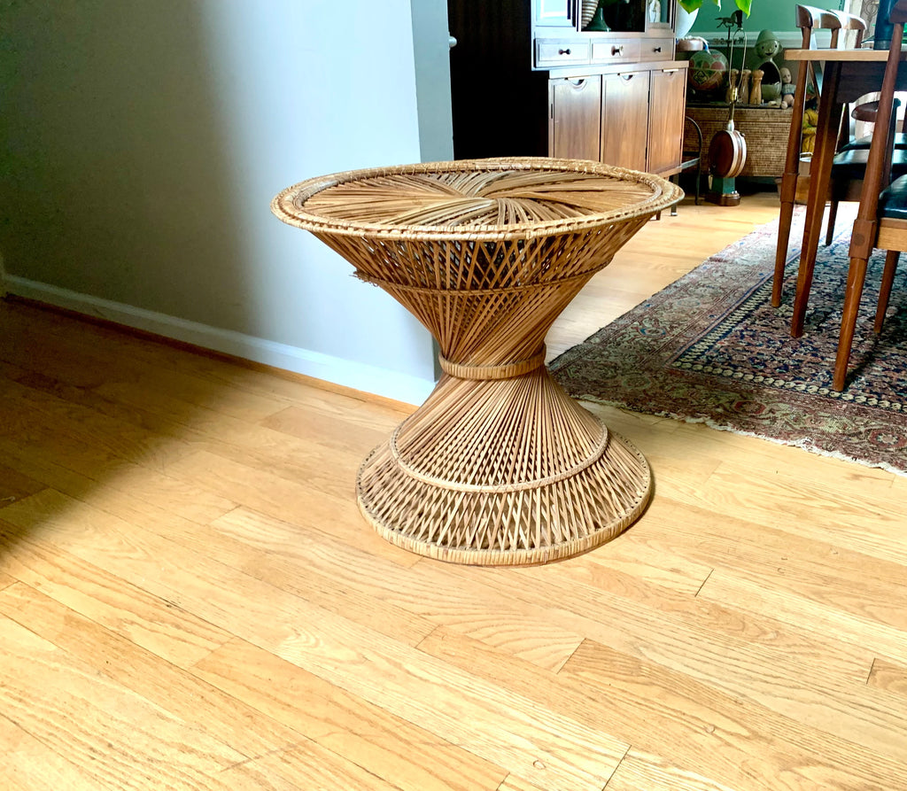 Large Vtg Wicker Peacock Table | Fan Top Rattan Table  | Bohemian Wicker Table | Wicker Accent Table | Distressed Woven Side Table