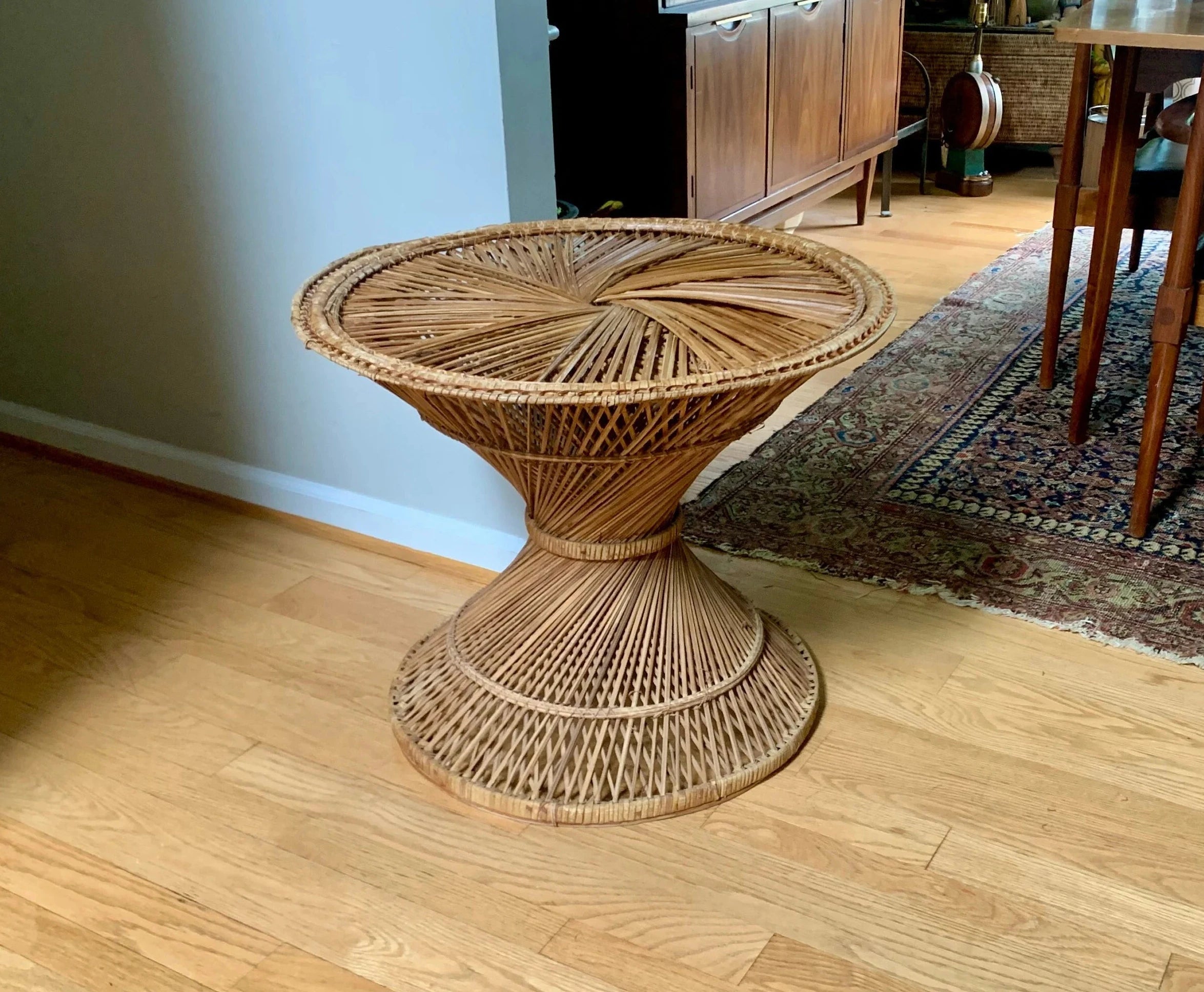 Large Vtg Wicker Peacock Table | Fan Top Rattan Table  | Bohemian Wicker Table | Wicker Accent Table | Distressed Woven Side Table