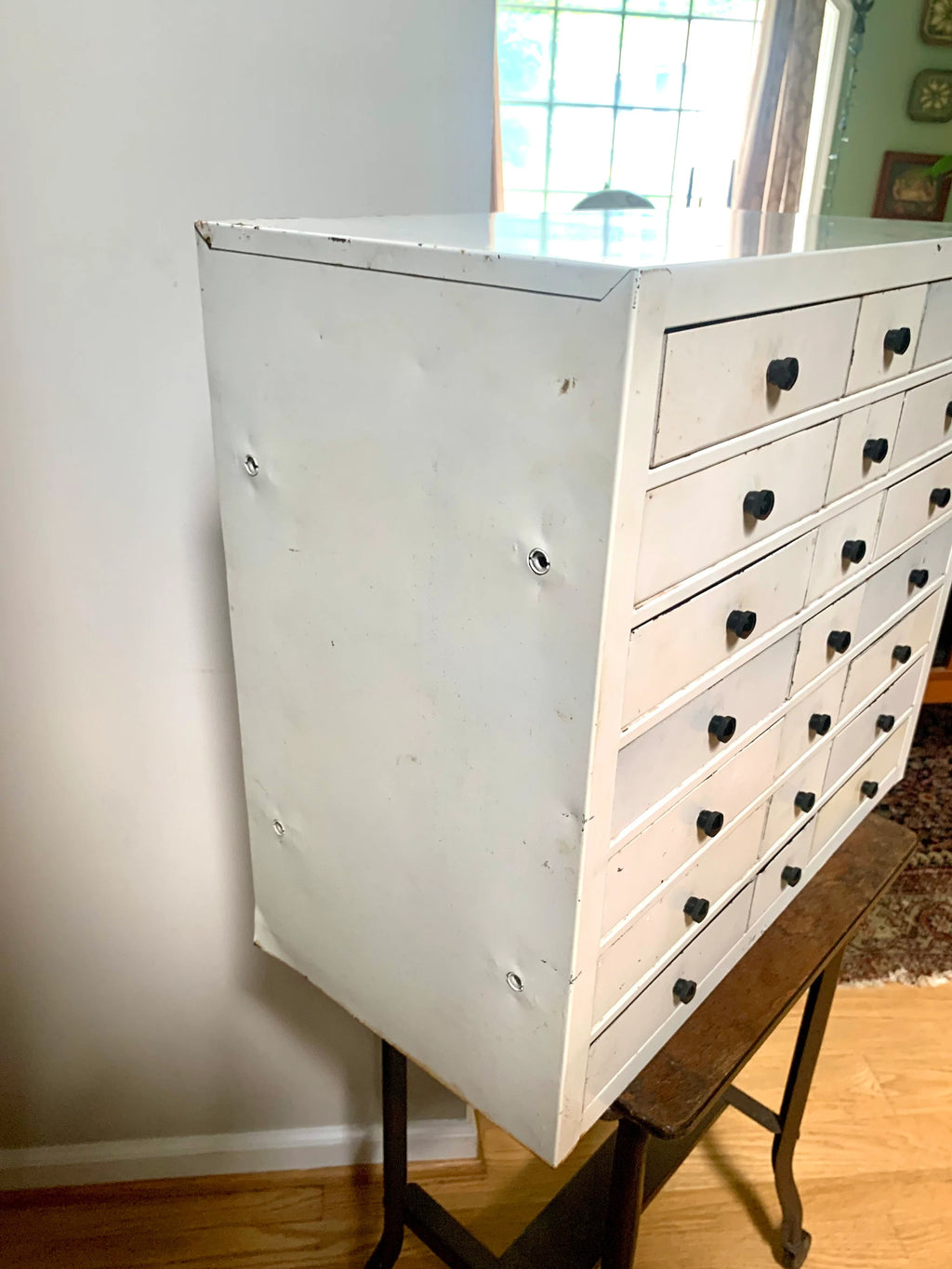 Vtg White Industrial Parts Bin Cabinet | Heavy Duty Metal Cabinet Bins | Large Parts Bin| Industrial Storage Bin| Metal Cabinet Drawers