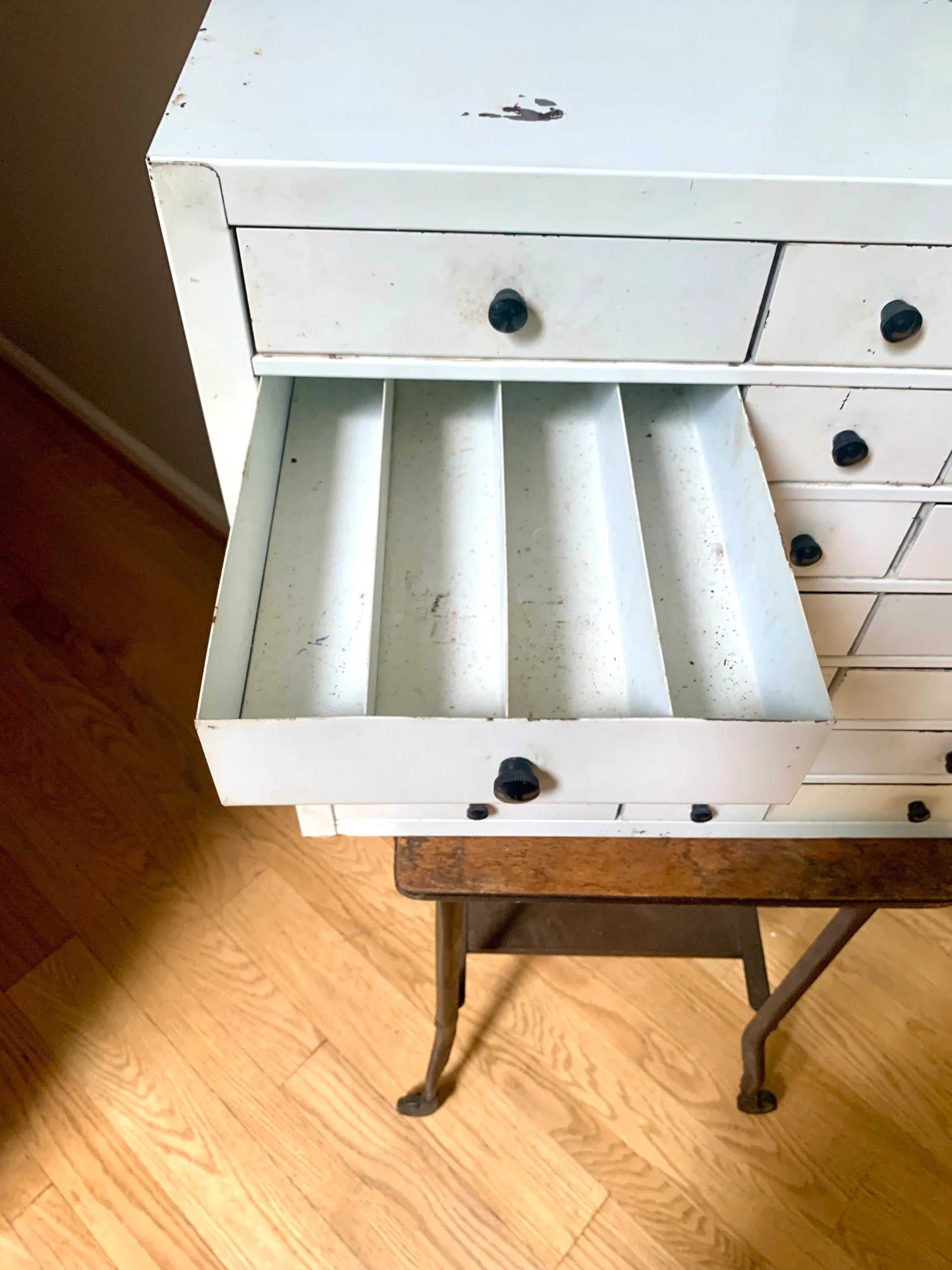 Vtg White Industrial Parts Bin Cabinet | Heavy Duty Metal Cabinet Bins | Large Parts Bin| Industrial Storage Bin| Metal Cabinet Drawers