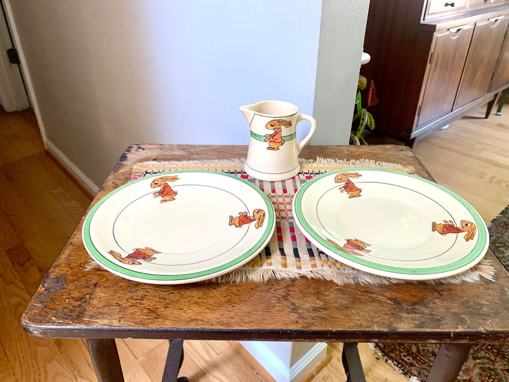 Vtg Roseville Juvenile Rabbit Plates and Creamer | Early 1900's Roseville Pottery | Juvenile Rabbit Pottery Set | Roseville Juvenile