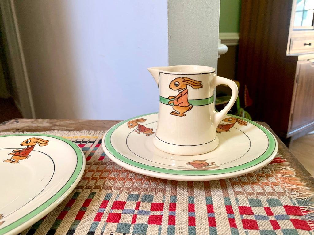 Vtg Roseville Juvenile Rabbit Plates and Creamer | Early 1900's Roseville Pottery | Juvenile Rabbit Pottery Set | Roseville Juvenile