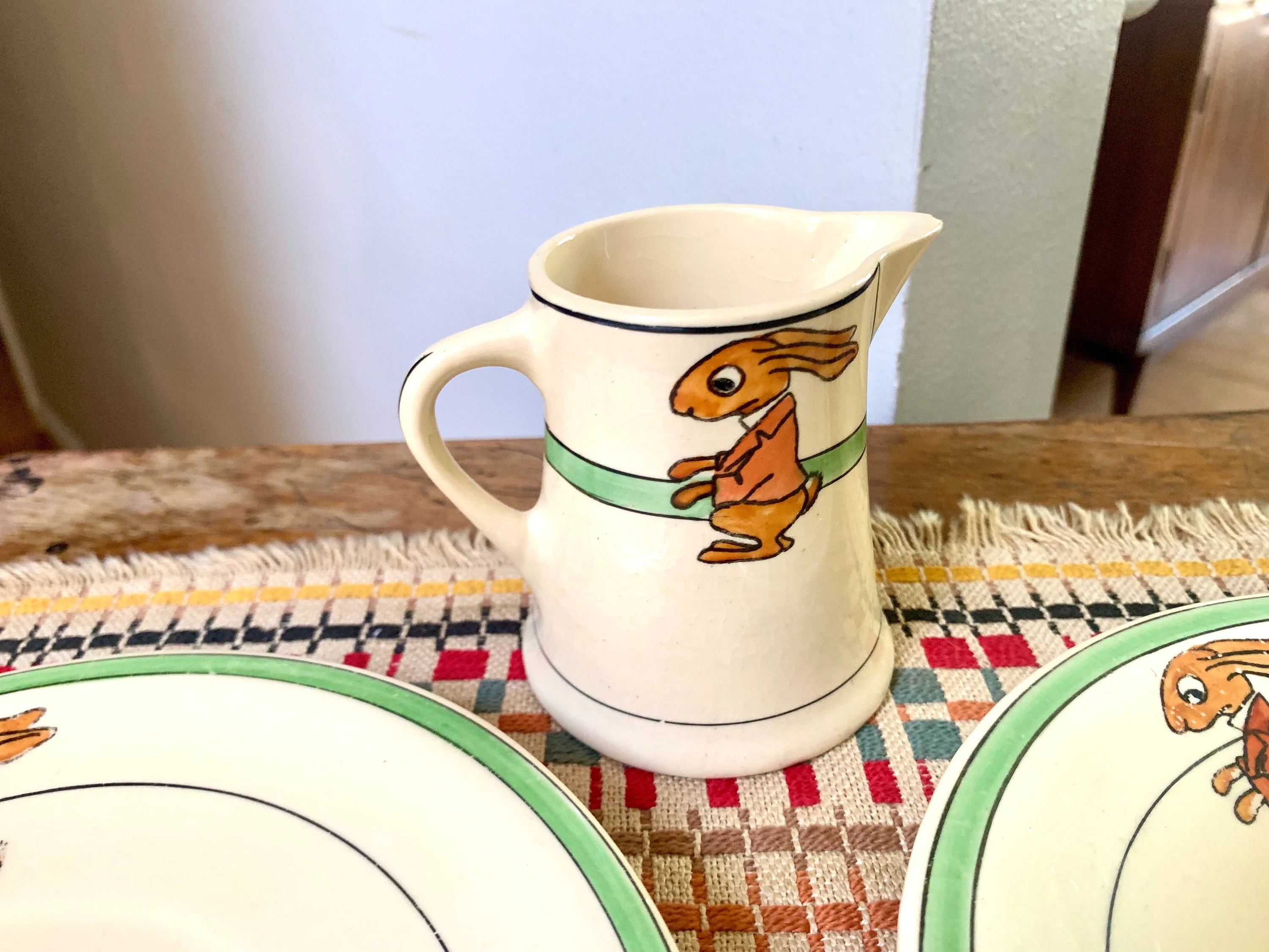 Vtg Roseville Juvenile Rabbit Plates and Creamer | Early 1900's Roseville Pottery | Juvenile Rabbit Pottery Set | Roseville Juvenile