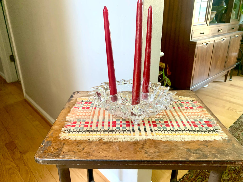Vtg Glass Sun Candleholder | Crystal Celestial Sun Candle Holder | Triple Candlestick Holder Bowl