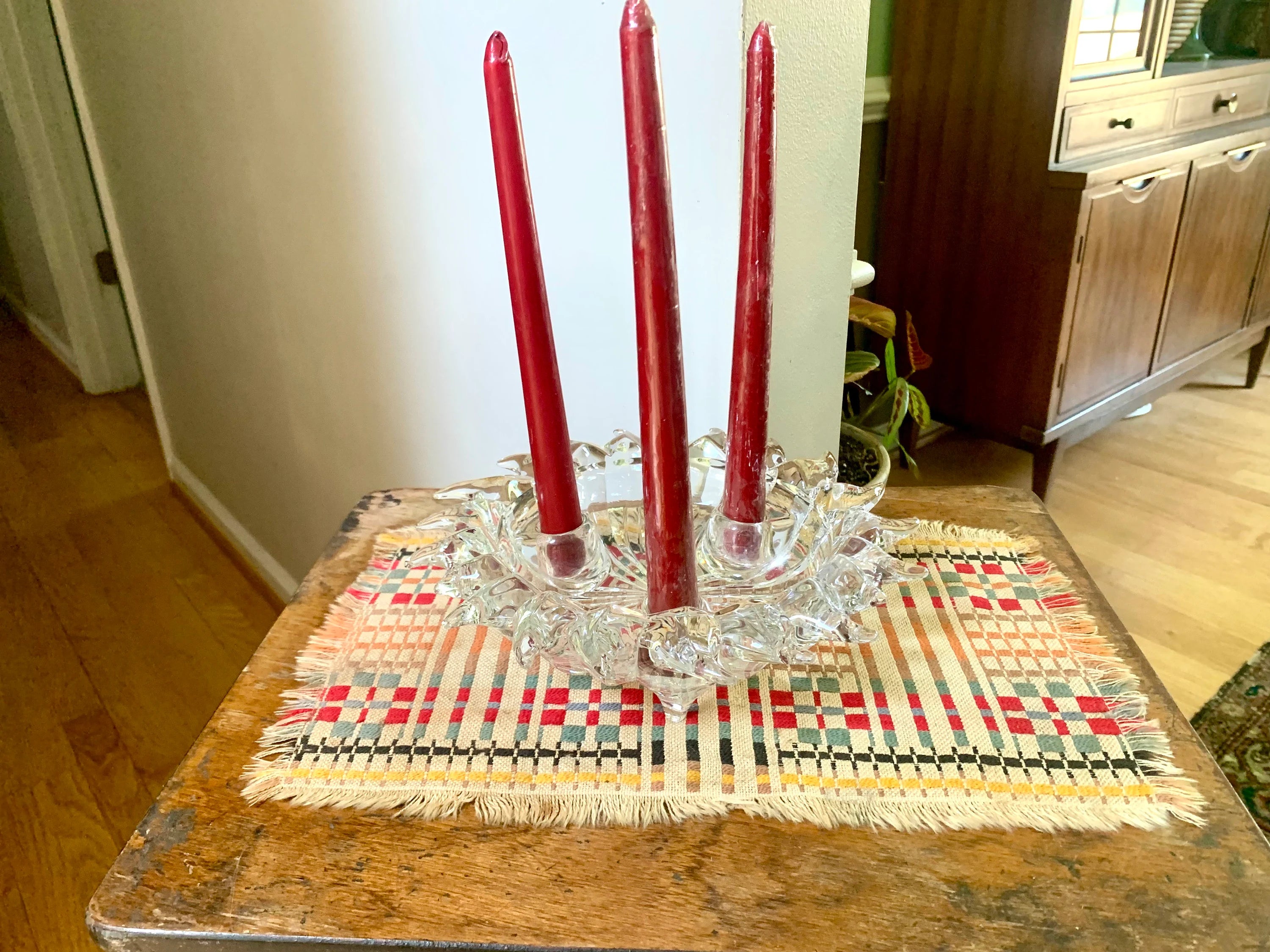 Vtg Glass Sun Candleholder | Crystal Celestial Sun Candle Holder | Triple Candlestick Holder Bowl