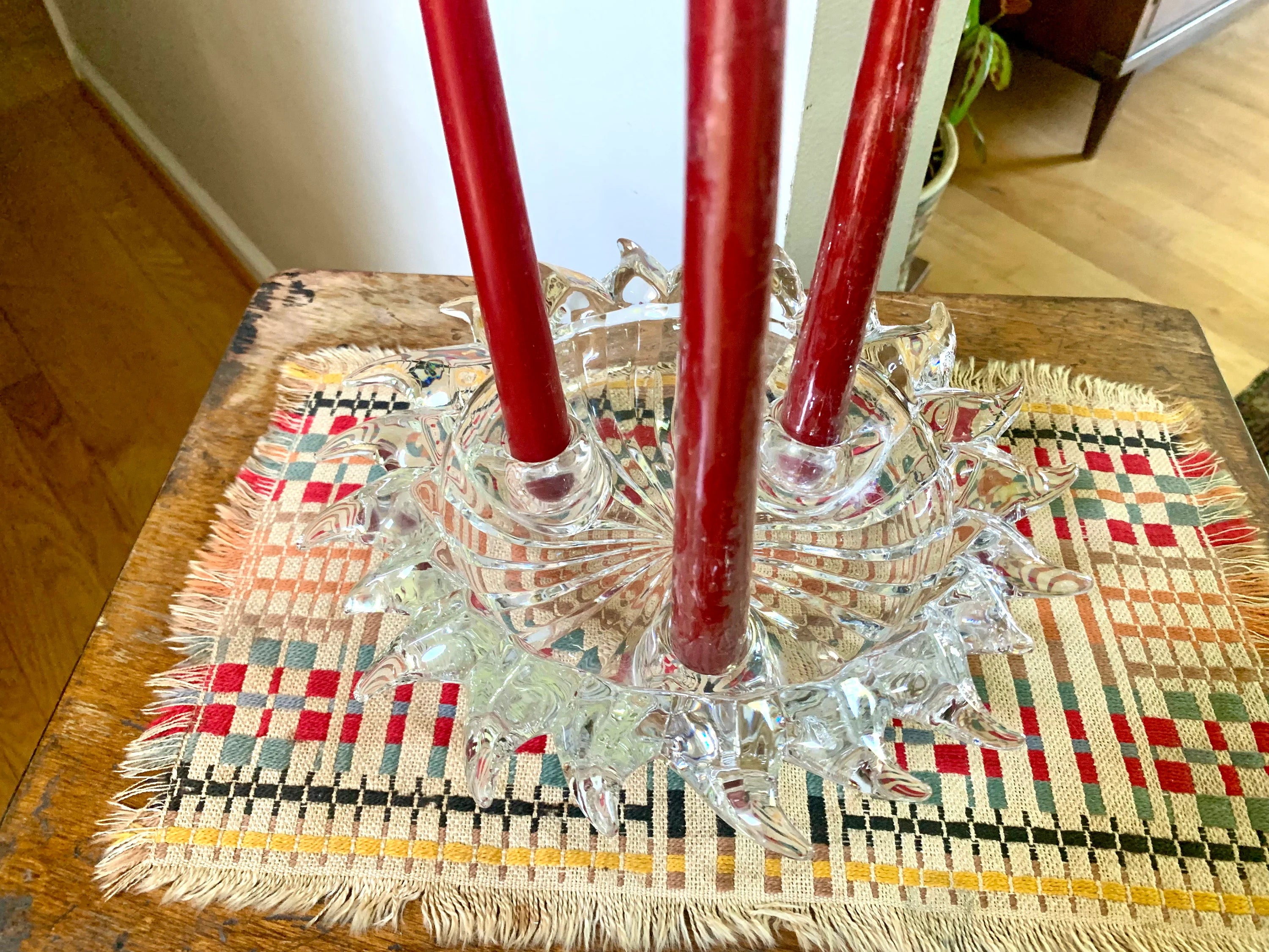 Vtg Glass Sun Candleholder | Crystal Celestial Sun Candle Holder | Triple Candlestick Holder Bowl