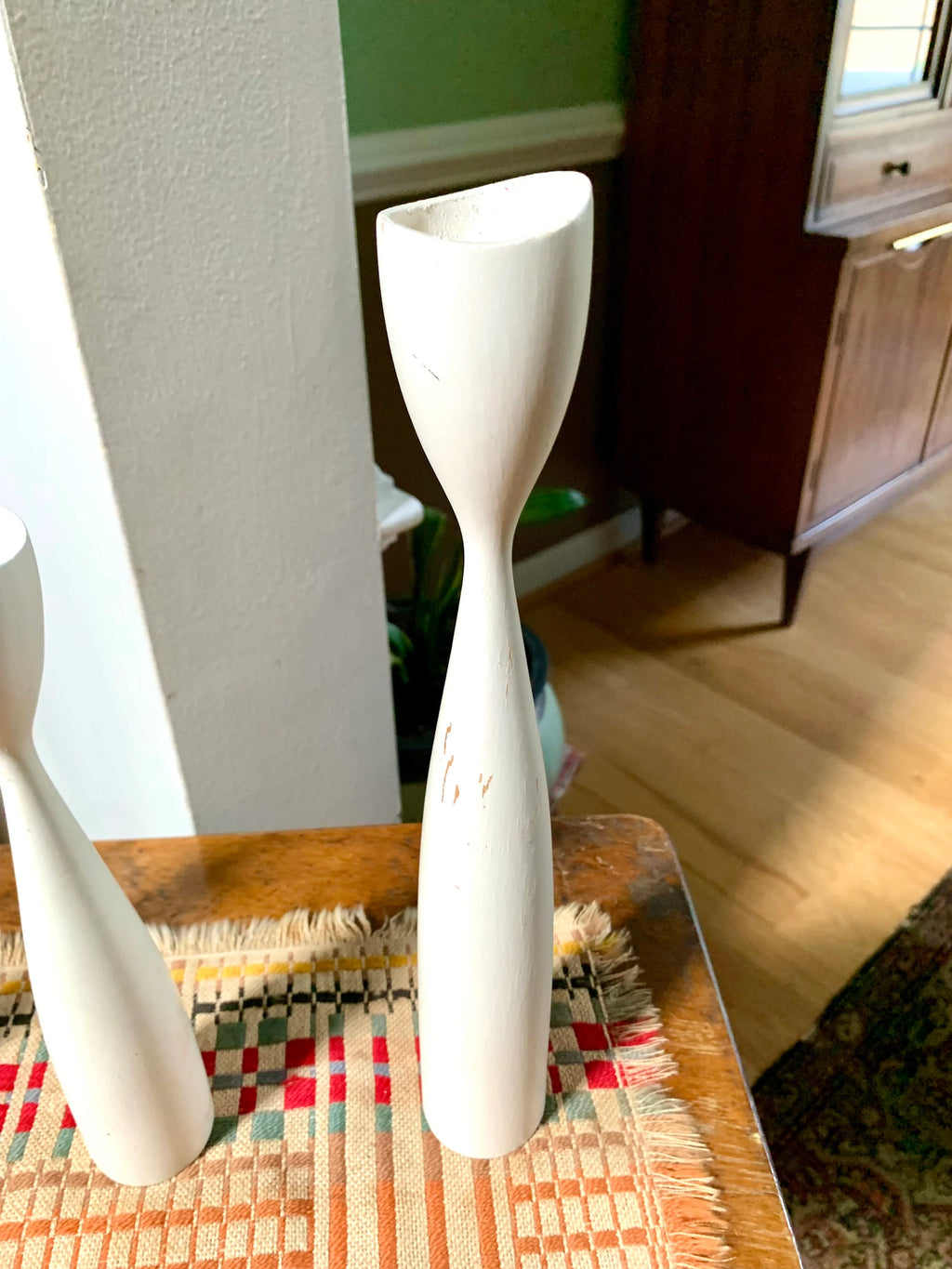 Set of 3 MCM Candlestick Holders | Danish Modern Tulip Candleholders | White Distressed Paint Denmark Candleholders | Tiered Candles