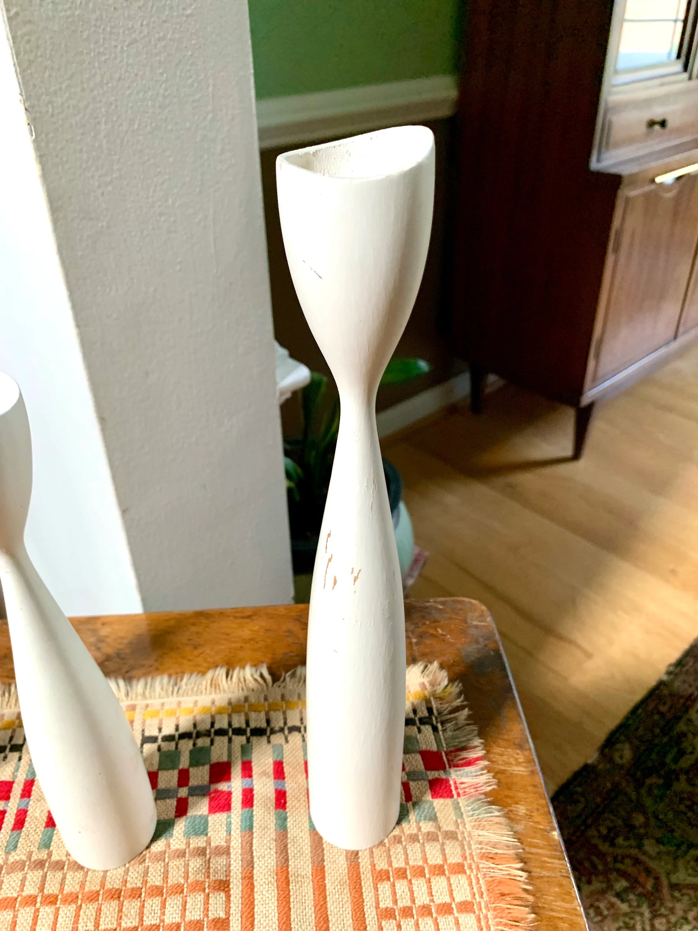 Set of 3 MCM Candlestick Holders | Danish Modern Tulip Candleholders | White Distressed Paint Denmark Candleholders | Tiered Candles