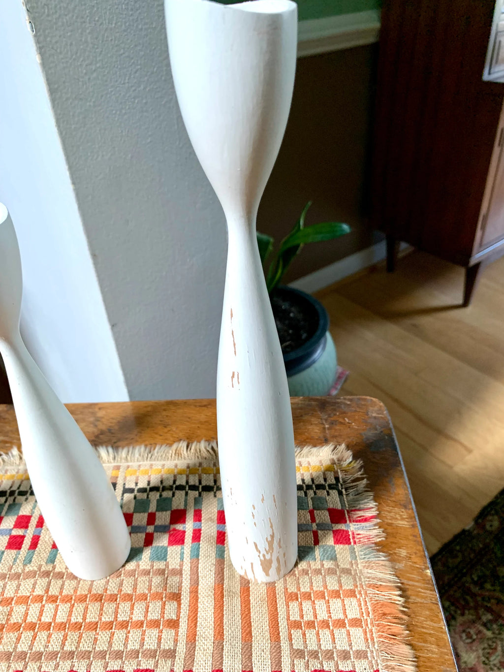 Set of 3 MCM Candlestick Holders | Danish Modern Tulip Candleholders | White Distressed Paint Denmark Candleholders | Tiered Candles