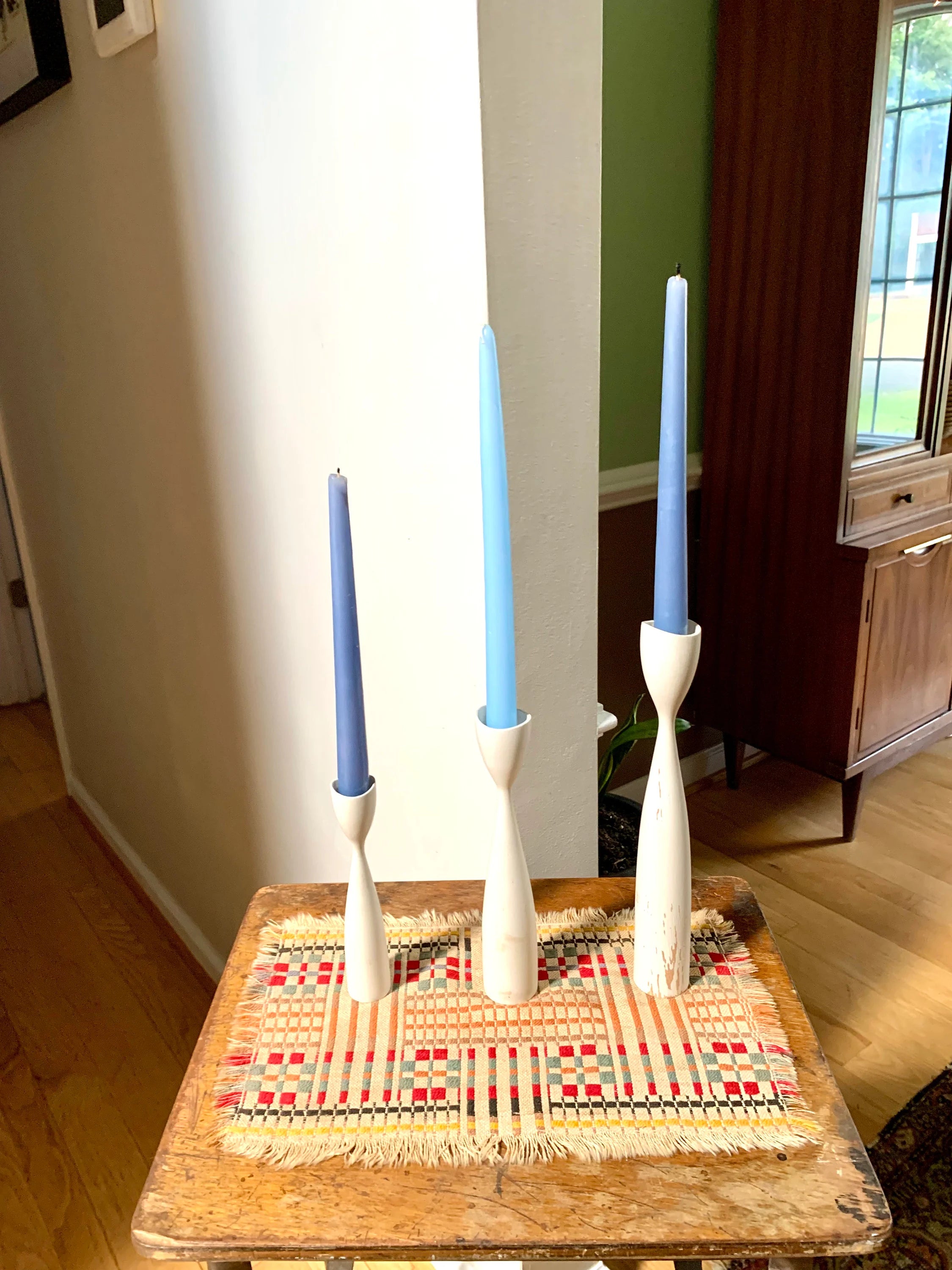 Set of 3 MCM Candlestick Holders | Danish Modern Tulip Candleholders | White Distressed Paint Denmark Candleholders | Tiered Candles