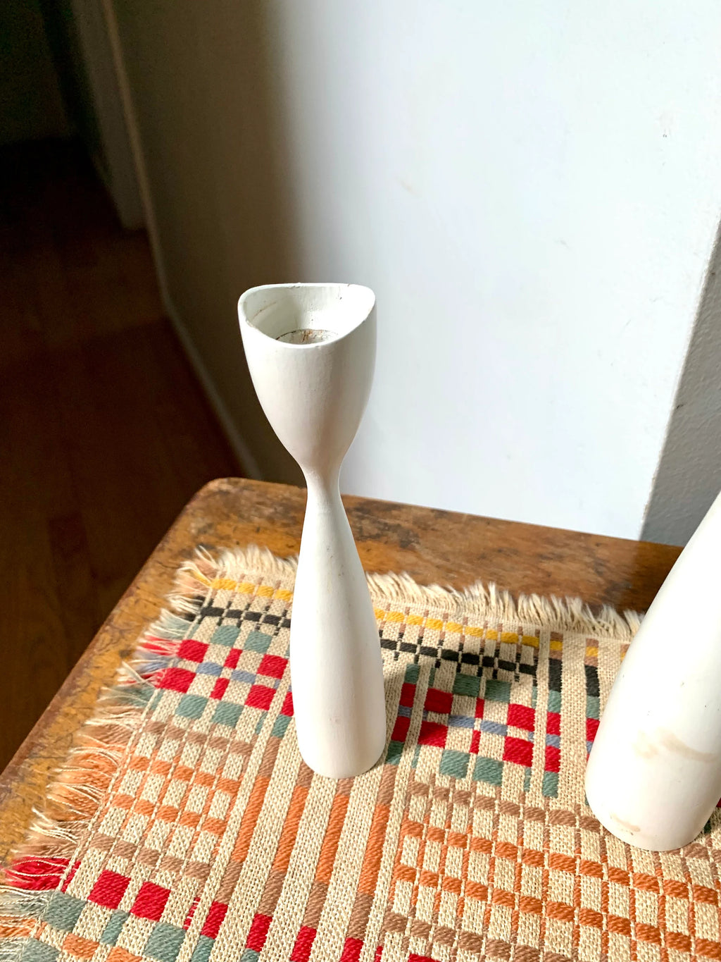 Set of 3 MCM Candlestick Holders | Danish Modern Tulip Candleholders | White Distressed Paint Denmark Candleholders | Tiered Candles