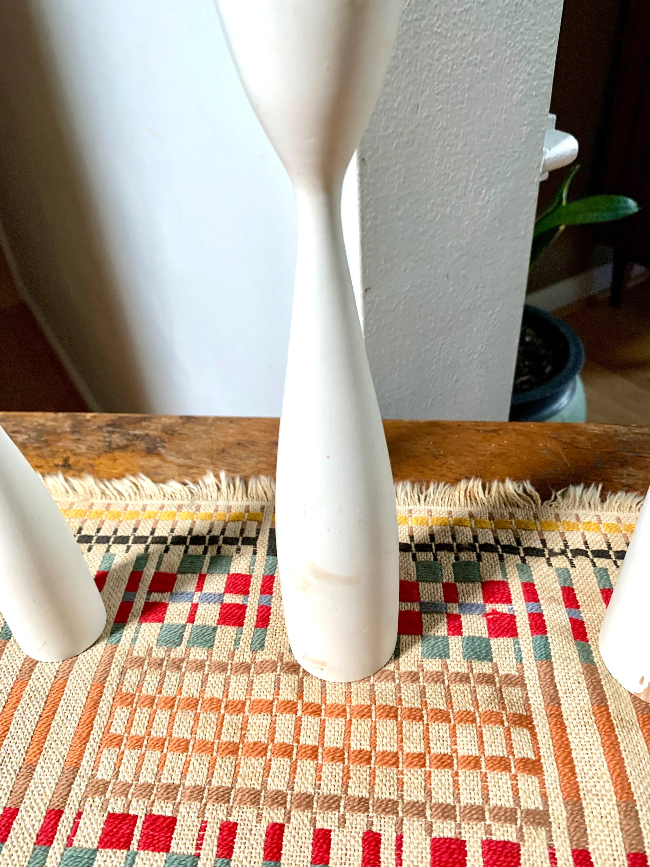 Set of 3 MCM Candlestick Holders | Danish Modern Tulip Candleholders | White Distressed Paint Denmark Candleholders | Tiered Candles
