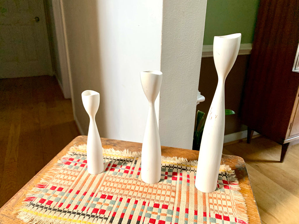 Set of 3 MCM Candlestick Holders | Danish Modern Tulip Candleholders | White Distressed Paint Denmark Candleholders | Tiered Candles