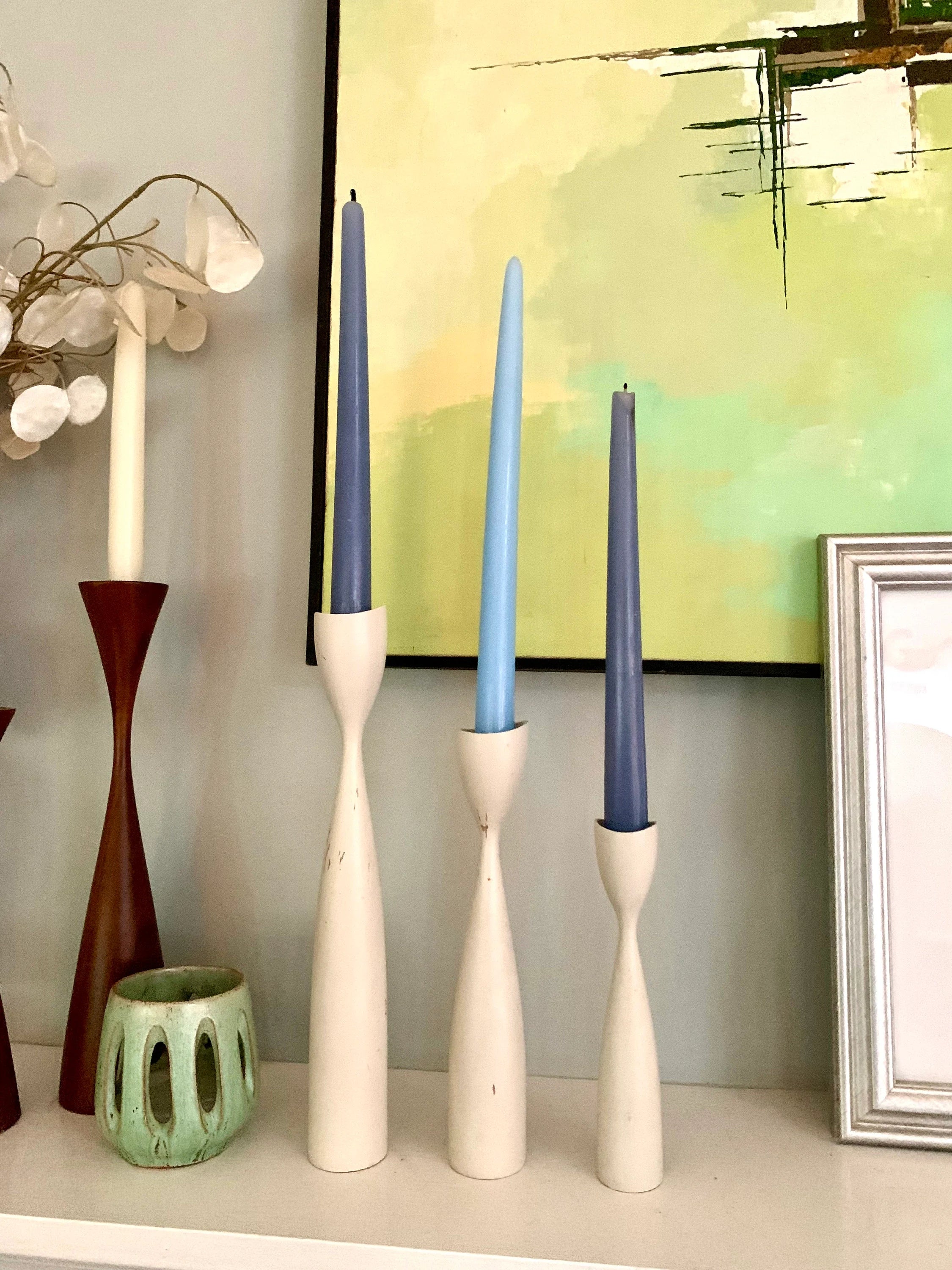 Set of 3 MCM Candlestick Holders | Danish Modern Tulip Candleholders | White Distressed Paint Denmark Candleholders | Tiered Candles