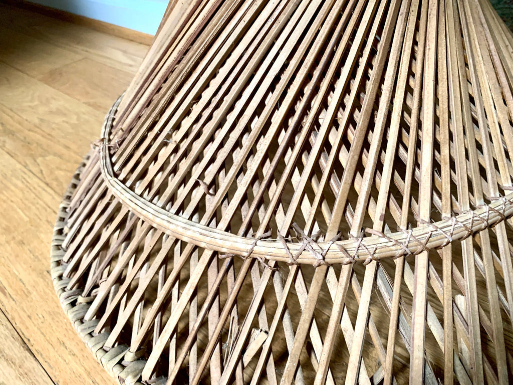 Large Vtg Wicker Peacock Table | Fan Top Rattan Table  | Bohemian Wicker Table | Wicker Accent Table | Distressed Woven Side Table
