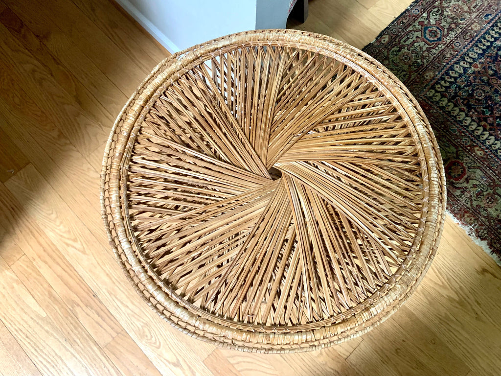 Large Vtg Wicker Peacock Table | Fan Top Rattan Table  | Bohemian Wicker Table | Wicker Accent Table | Distressed Woven Side Table