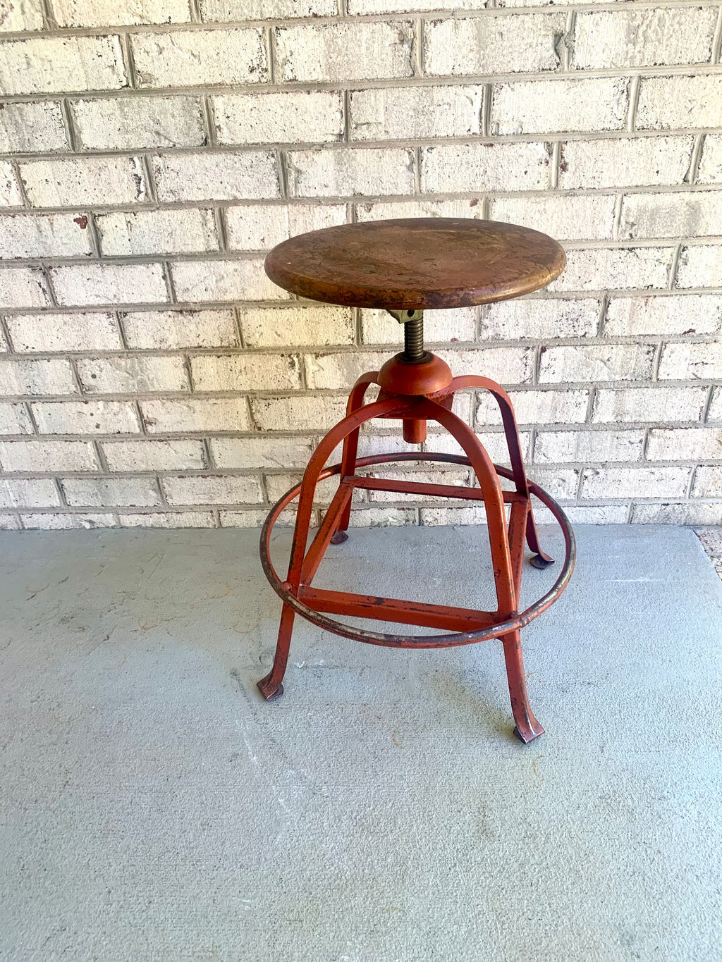 Vintage Industrial Metal Stool | Parent Metal Products Stool With Wood Top | Industrial Factory Stool | Red Metal Factory Stool