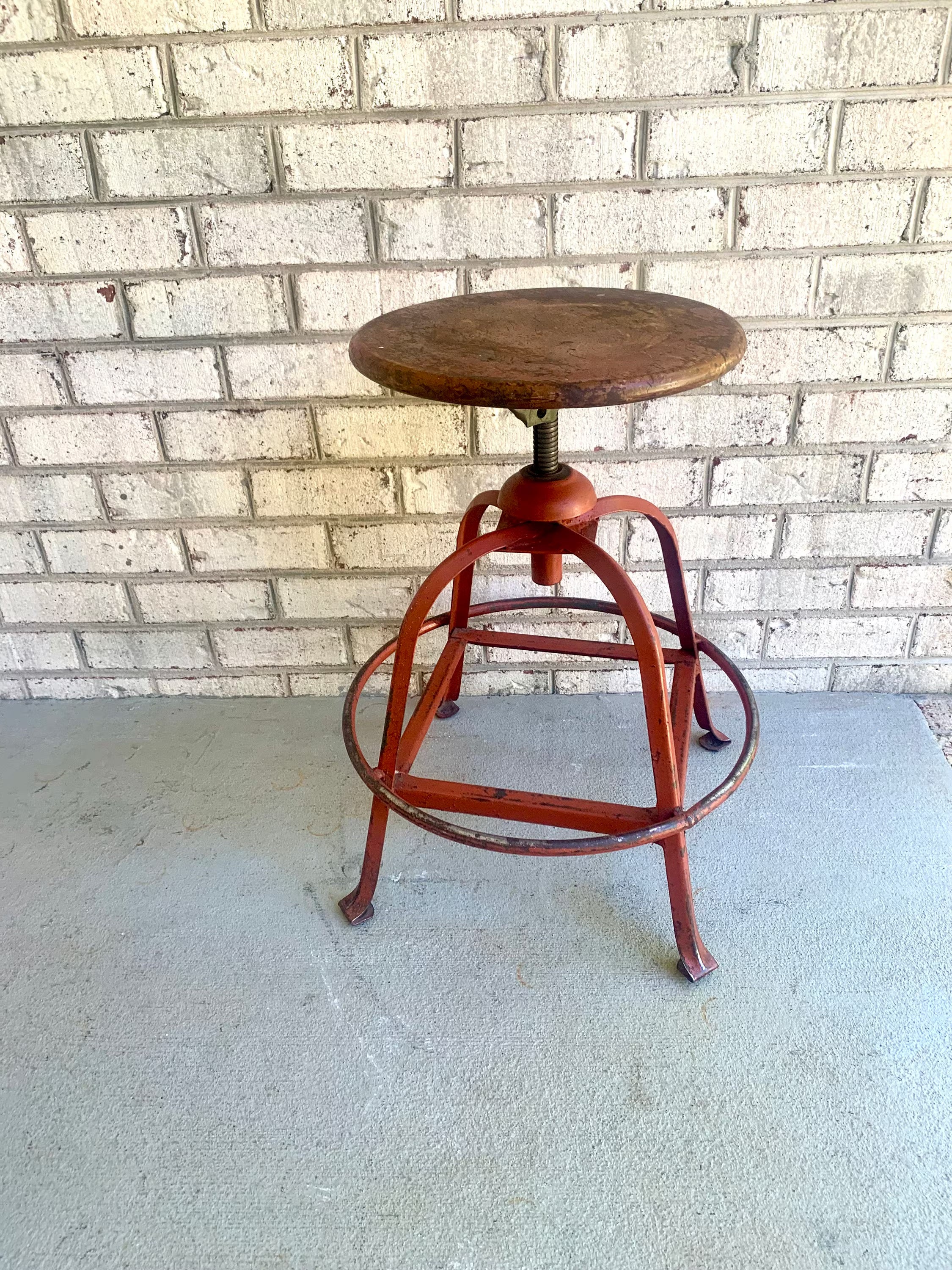 Vintage Industrial Metal Stool | Parent Metal Products Stool With Wood Top | Industrial Factory Stool | Red Metal Factory Stool