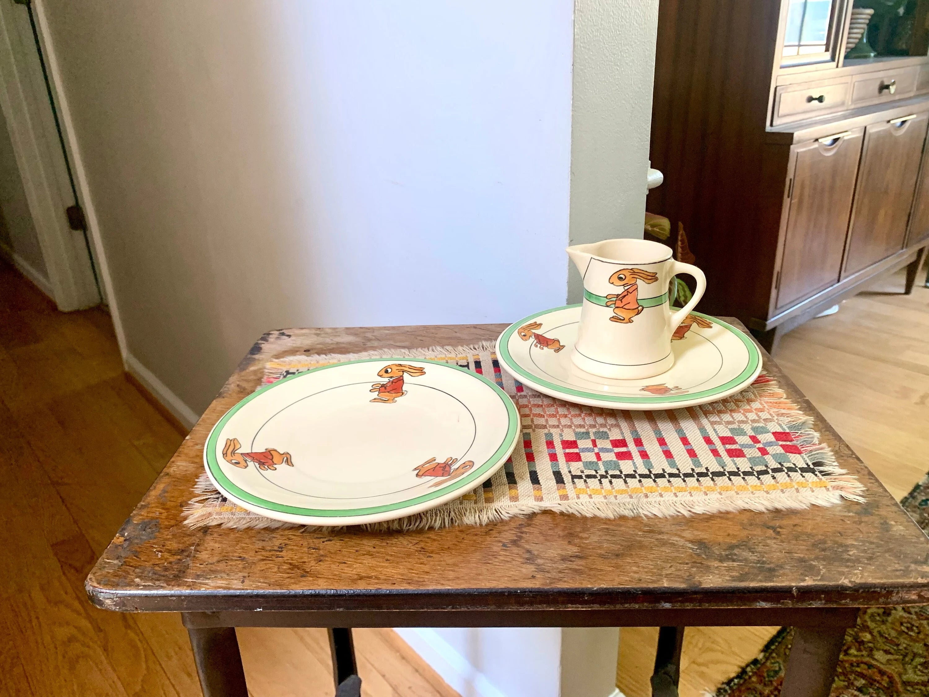 Vtg Roseville Juvenile Rabbit Plates and Creamer | Early 1900's Roseville Pottery | Juvenile Rabbit Pottery Set | Roseville Juvenile