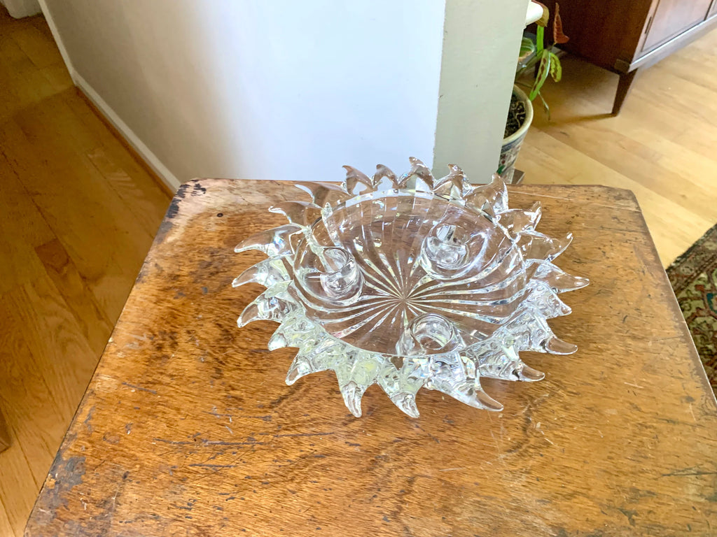 Vtg Glass Sun Candleholder | Crystal Celestial Sun Candle Holder | Triple Candlestick Holder Bowl
