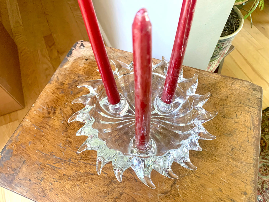 Vtg Glass Sun Candleholder | Crystal Celestial Sun Candle Holder | Triple Candlestick Holder Bowl