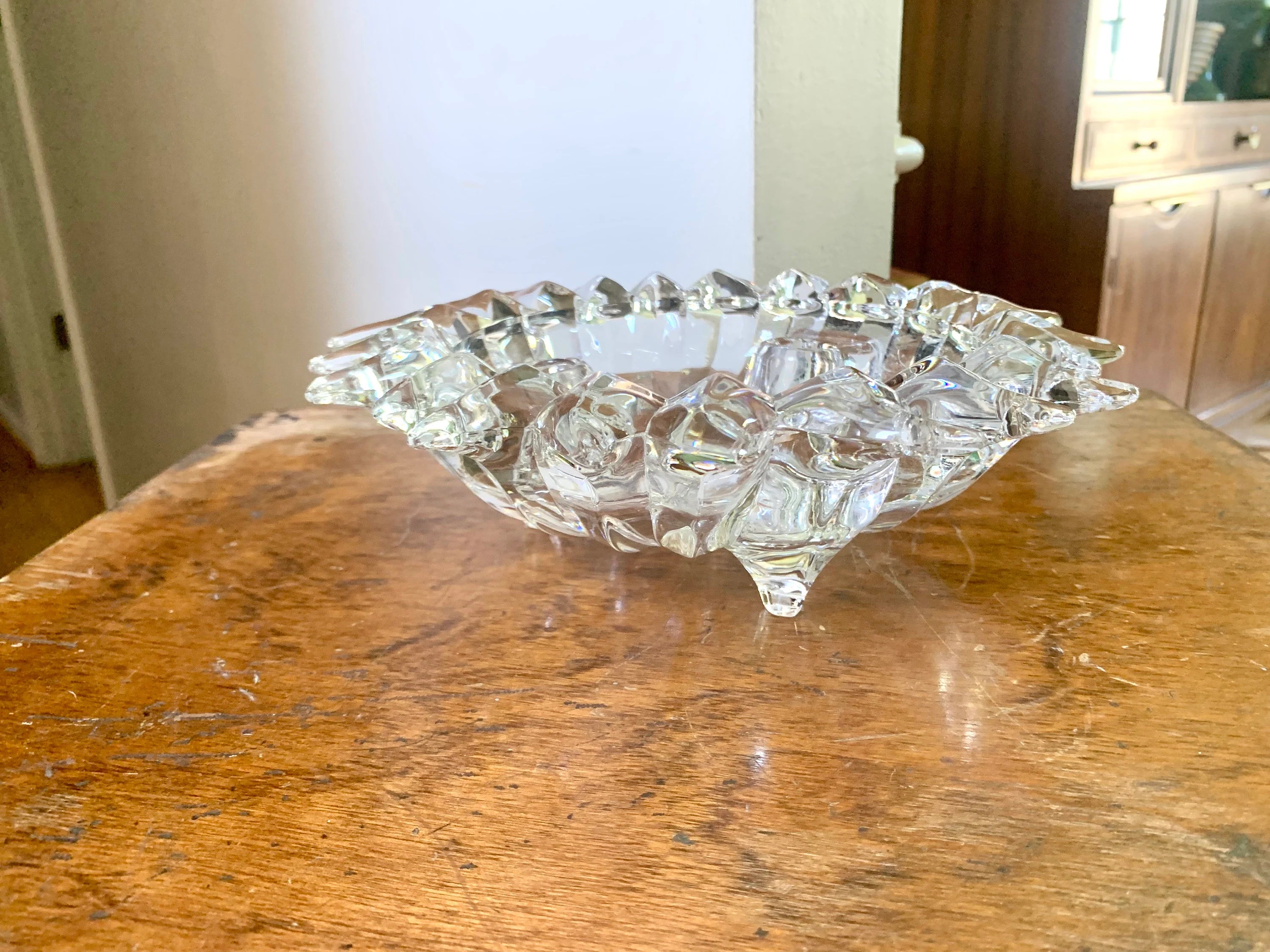 Vtg Glass Sun Candleholder | Crystal Celestial Sun Candle Holder | Triple Candlestick Holder Bowl