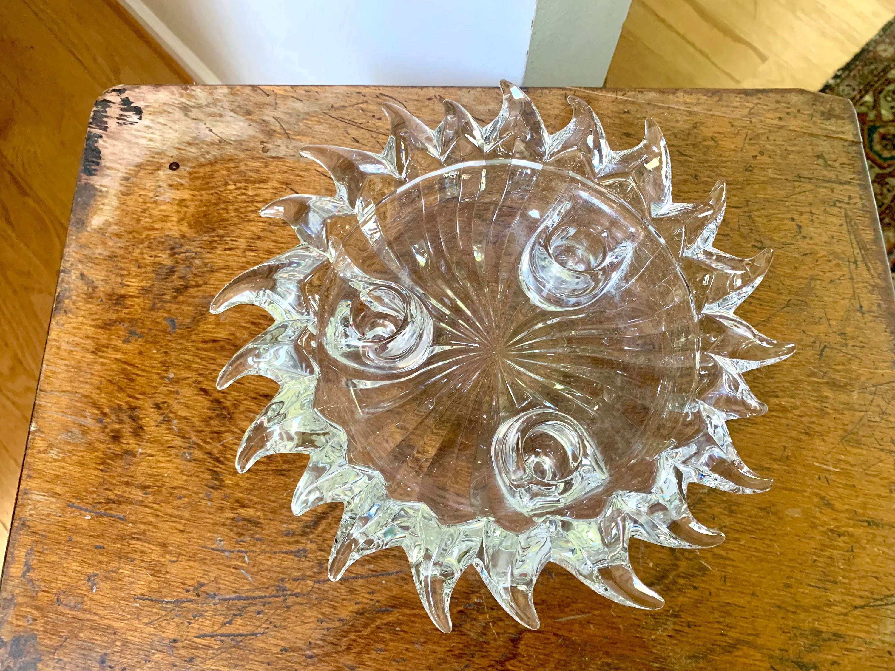 Vtg Glass Sun Candleholder | Crystal Celestial Sun Candle Holder | Triple Candlestick Holder Bowl
