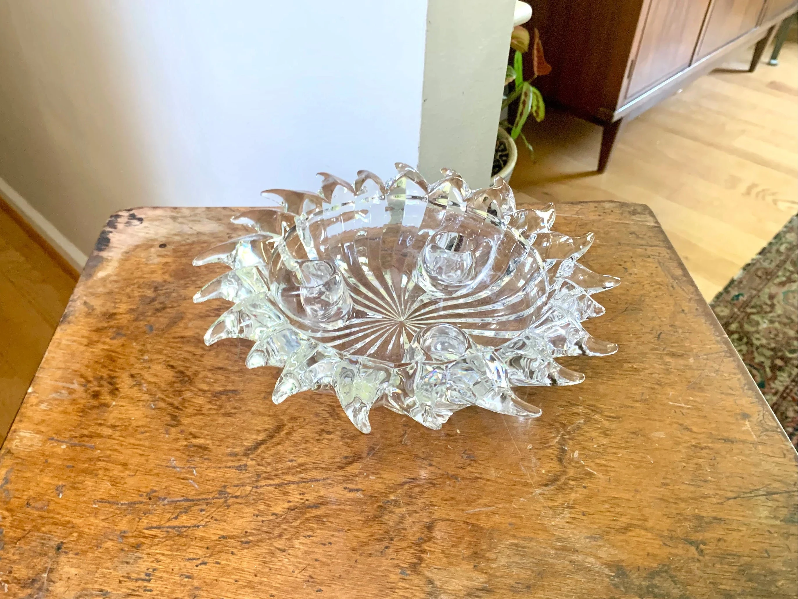 Vtg Glass Sun Candleholder | Crystal Celestial Sun Candle Holder | Triple Candlestick Holder Bowl