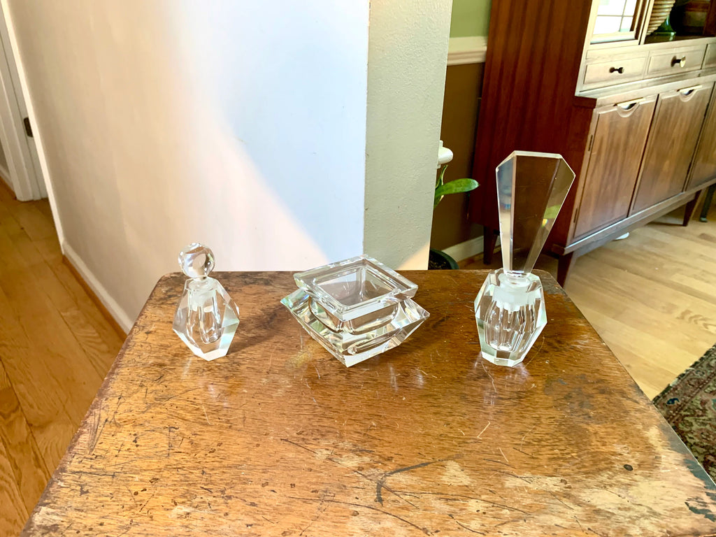 Vintage Art Deco Crystal Vanity Set | Crystal Perfume Bottle | Cut Glass Vanity Set | Crystal Powder Set