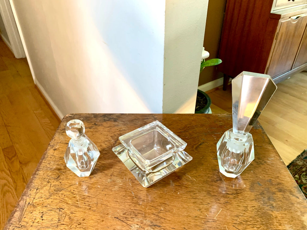 Vintage Art Deco Crystal Vanity Set | Crystal Perfume Bottle | Cut Glass Vanity Set | Crystal Powder Set