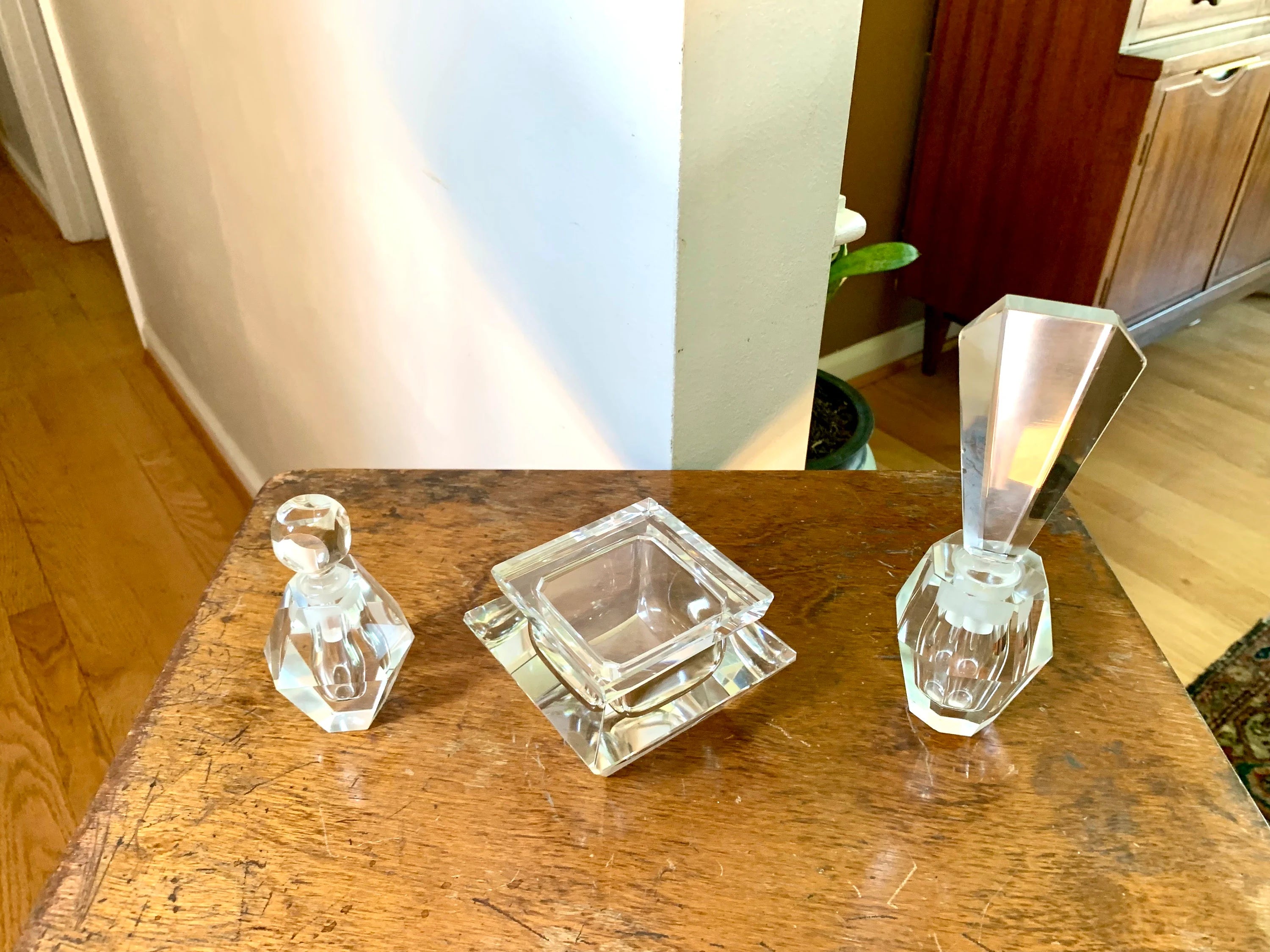 Vintage Art Deco Crystal Vanity Set | Crystal Perfume Bottle | Cut Glass Vanity Set | Crystal Powder Set