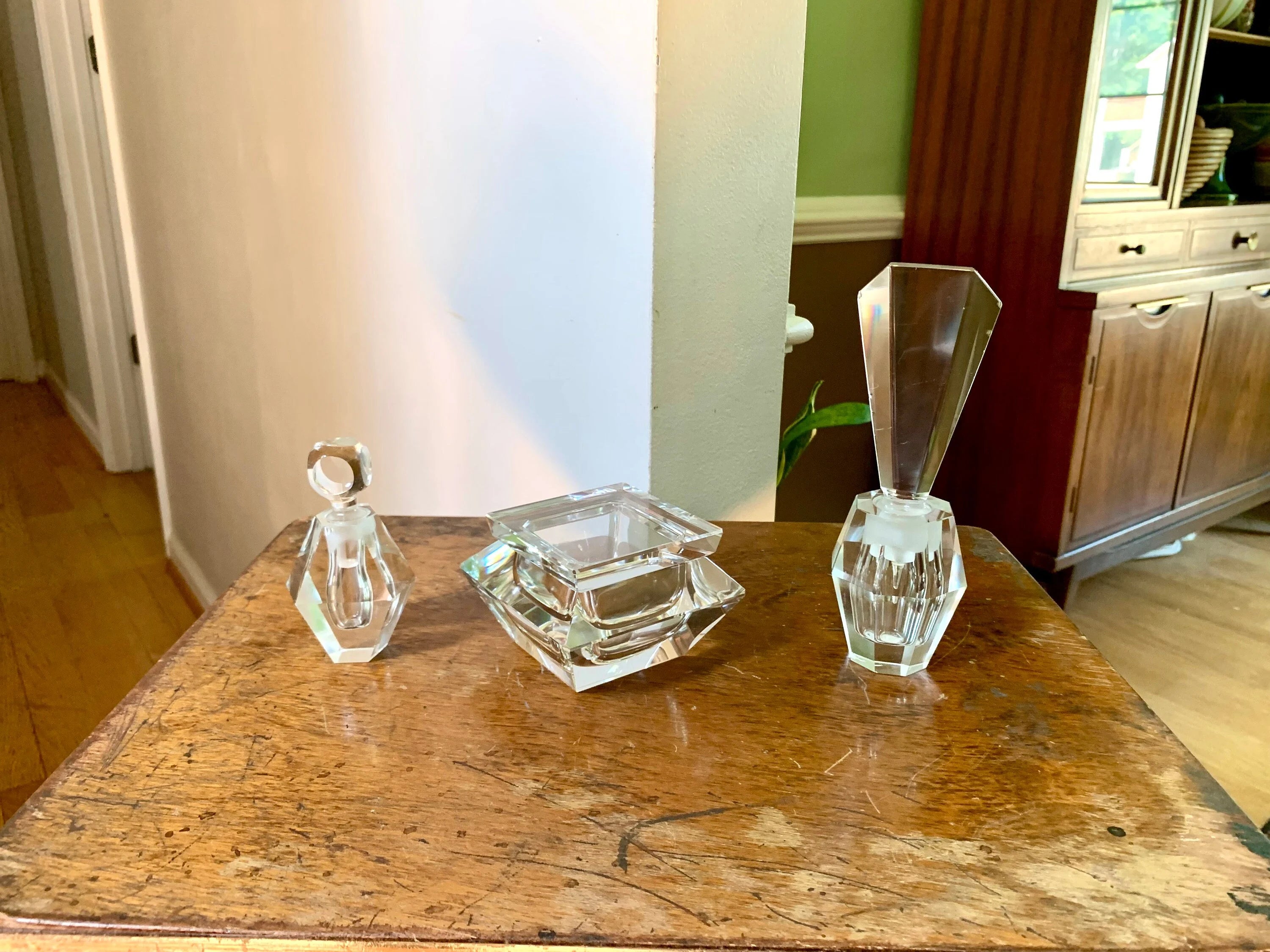 Vintage Art Deco Crystal Vanity Set | Crystal Perfume Bottle | Cut Glass Vanity Set | Crystal Powder Set