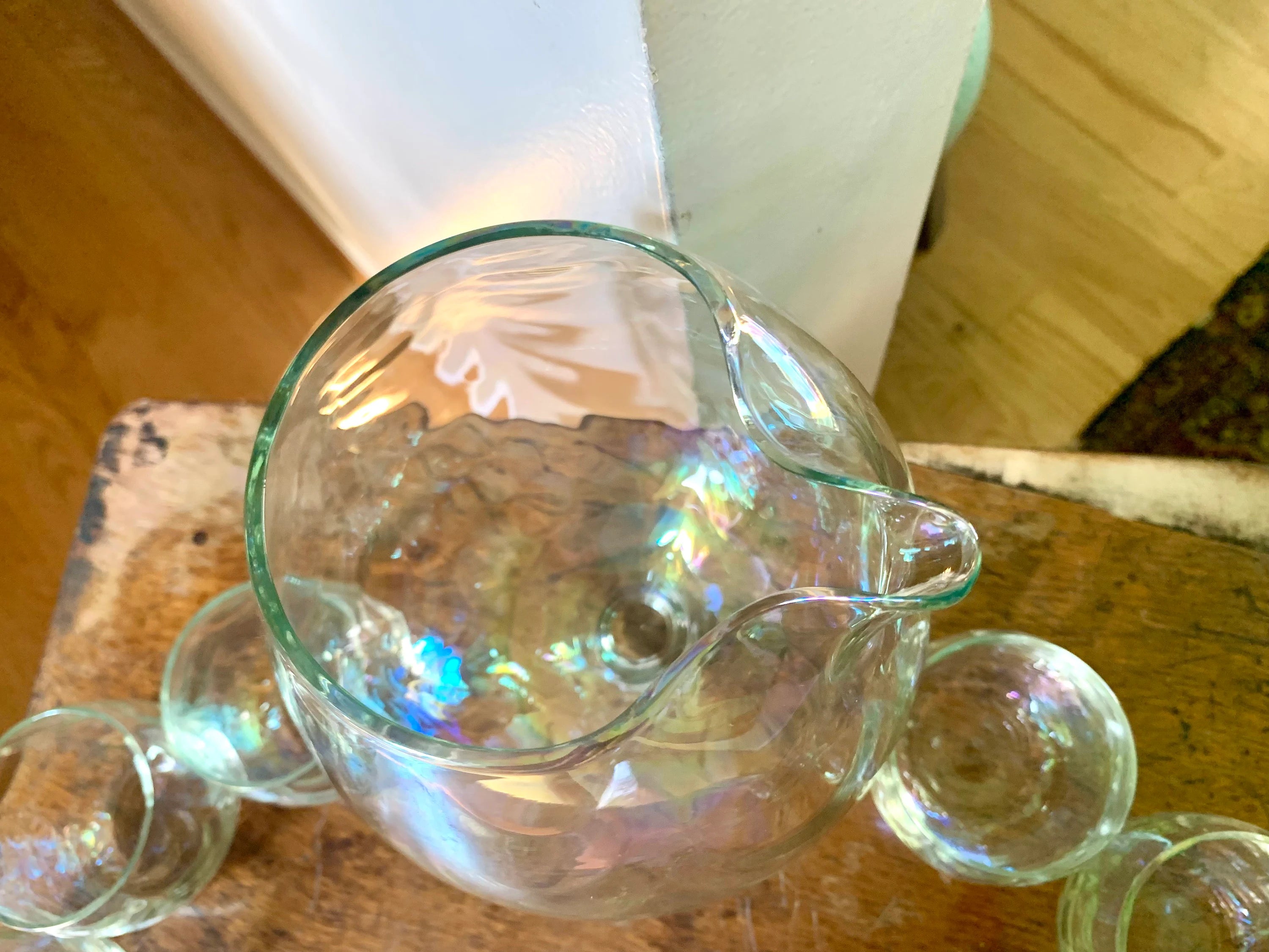 Vintage W. Virginia Glass Iridescent Pedestal Pitcher Set | Draping Iridescent Pedestal Cocktail Pitcher Set | Fostoria Shell Pearl Pattern