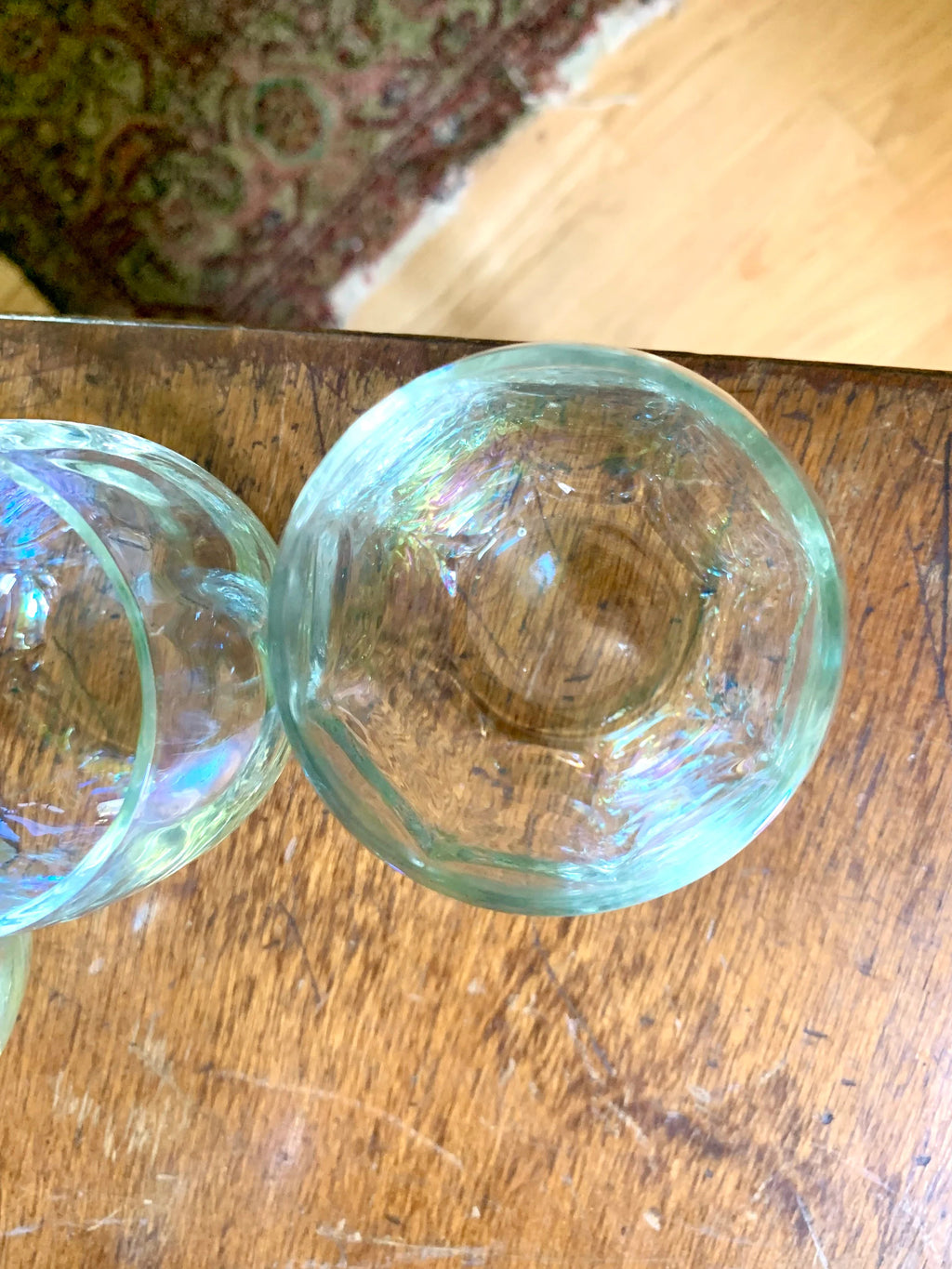 Vintage W. Virginia Glass Iridescent Pedestal Pitcher Set | Draping Iridescent Pedestal Cocktail Pitcher Set | Fostoria Shell Pearl Pattern