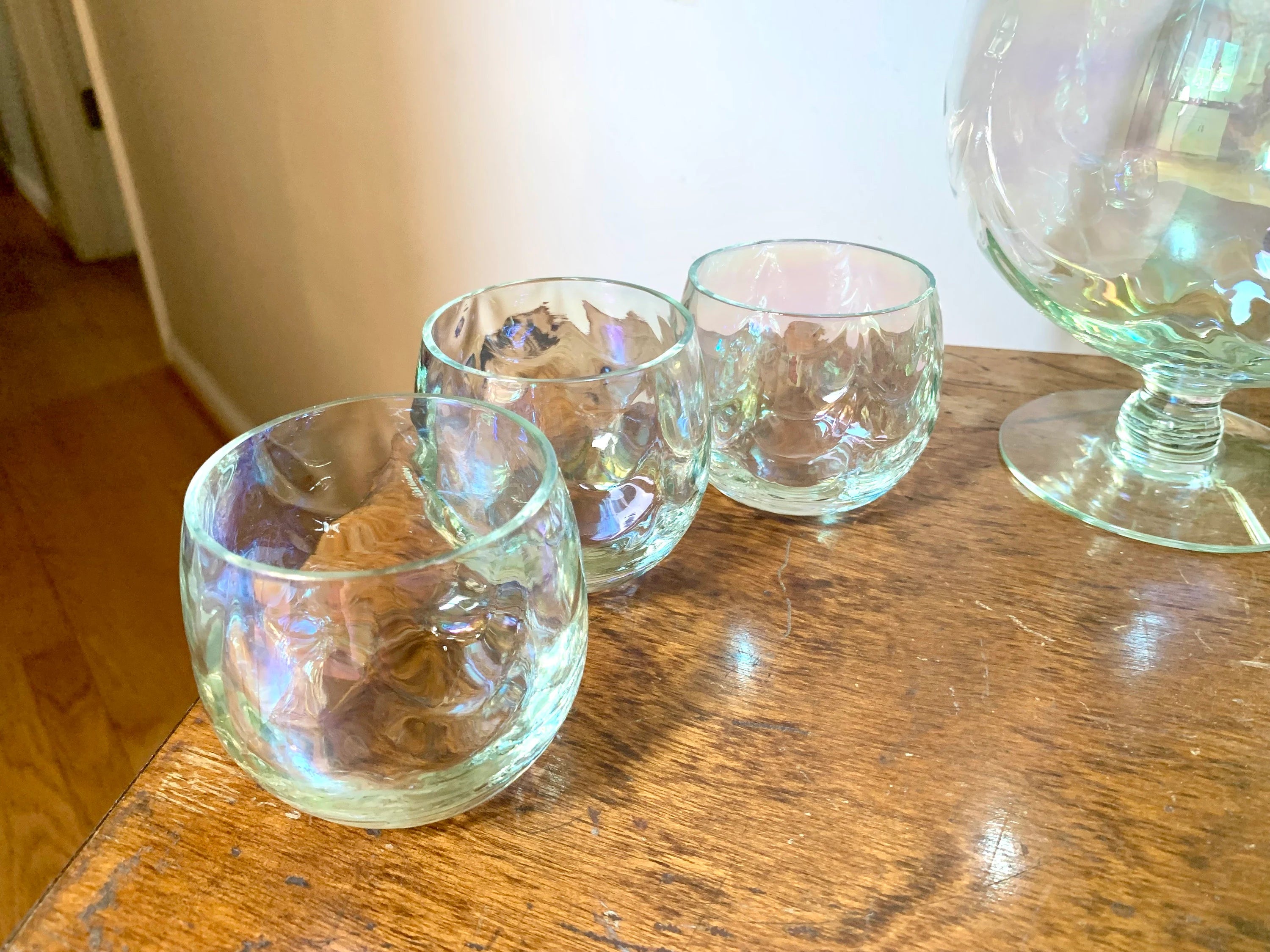 Vintage W. Virginia Glass Iridescent Pedestal Pitcher Set | Draping Iridescent Pedestal Cocktail Pitcher Set | Fostoria Shell Pearl Pattern