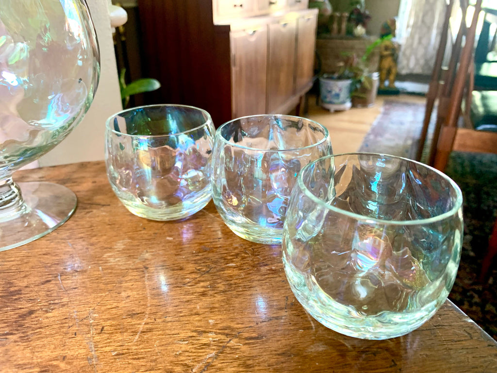 Vintage W. Virginia Glass Iridescent Pedestal Pitcher Set | Draping Iridescent Pedestal Cocktail Pitcher Set | Fostoria Shell Pearl Pattern