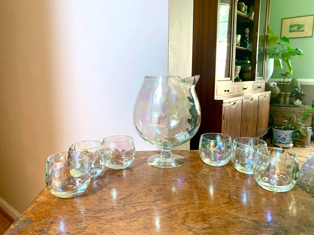 Vintage W. Virginia Glass Iridescent Pedestal Pitcher Set | Draping Iridescent Pedestal Cocktail Pitcher Set | Fostoria Shell Pearl Pattern