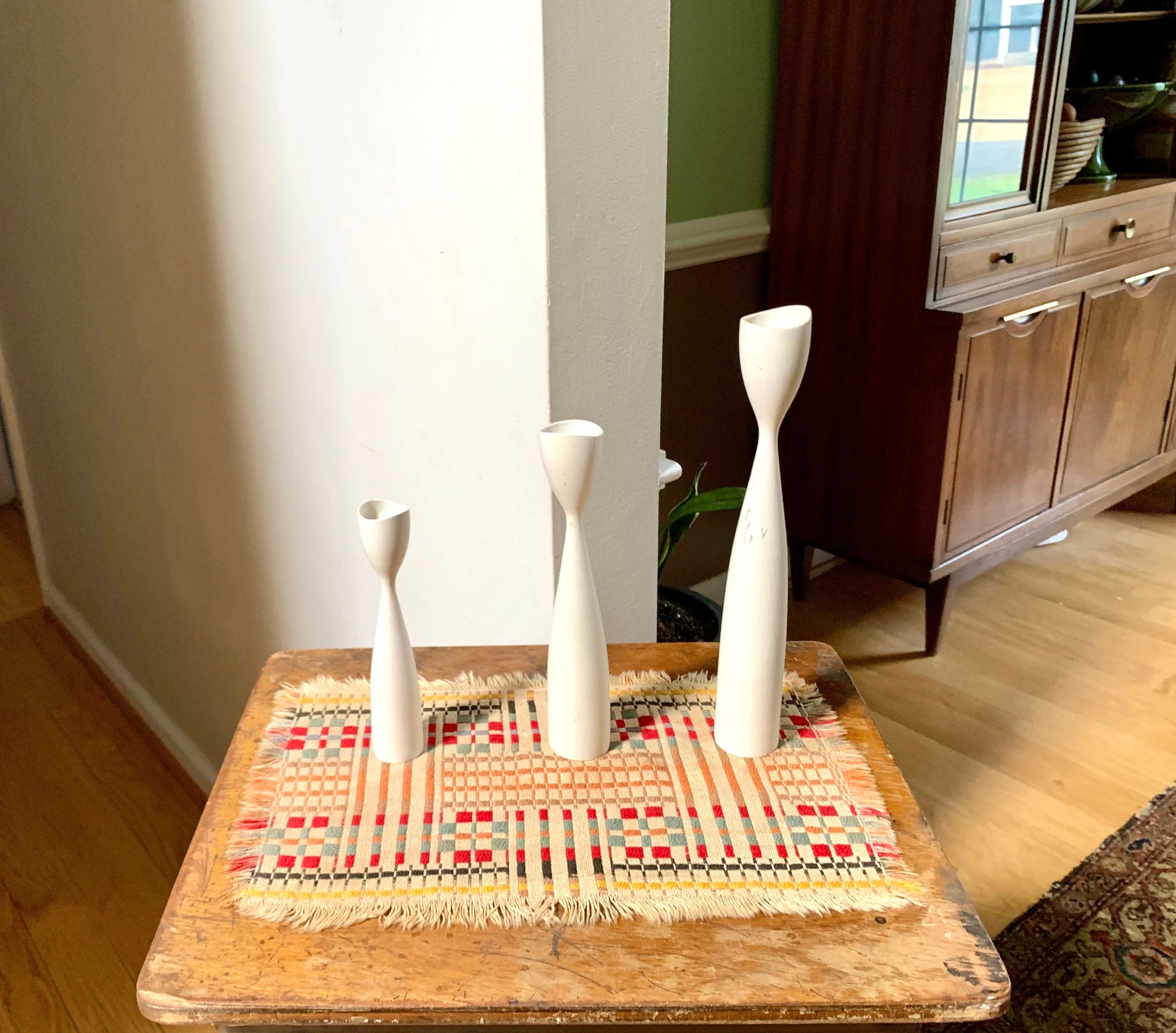 Set of 3 MCM Candlestick Holders | Danish Modern Tulip Candleholders | White Distressed Paint Denmark Candleholders | Tiered Candles