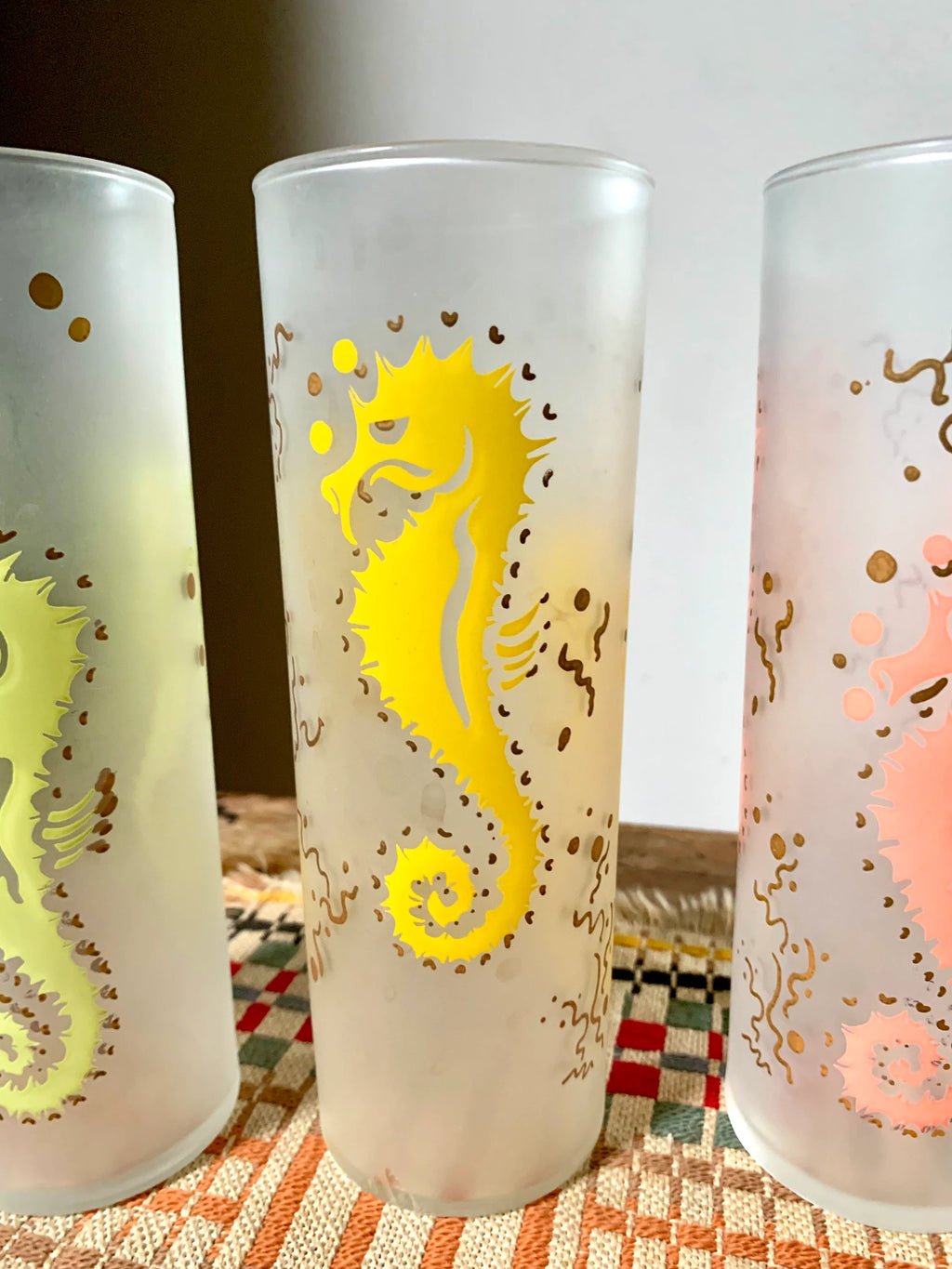 Set of 5 MCM Federal Glass Seahorse Glasses| Colorful Seahorse Glasses | 5 Frosted Sea Horse High Ball Glasses | Frosted Federal Tom Collins