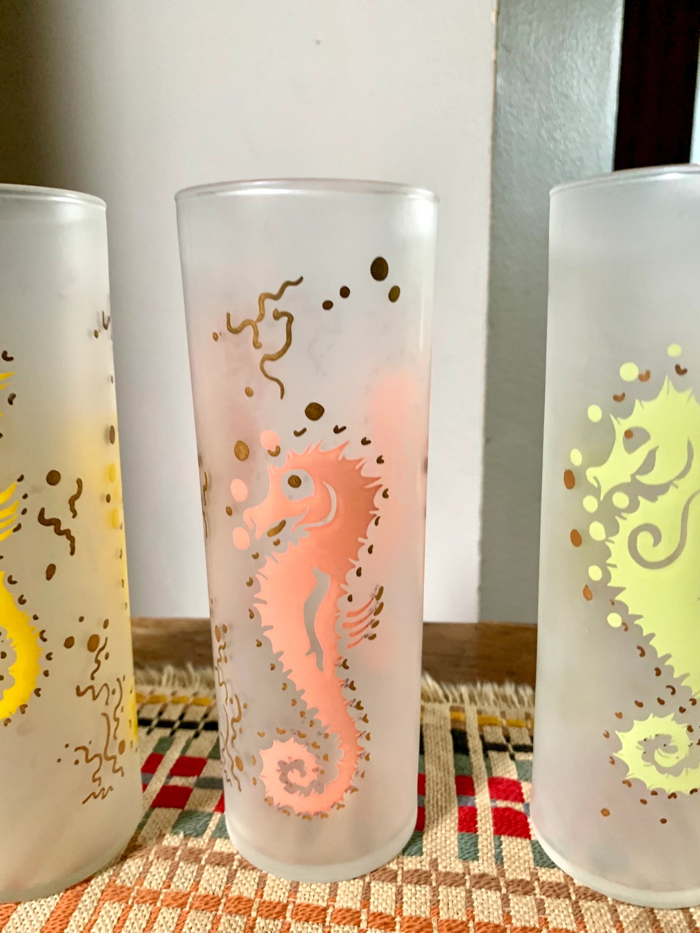 Set of 5 MCM Federal Glass Seahorse Glasses| Colorful Seahorse Glasses | 5 Frosted Sea Horse High Ball Glasses | Frosted Federal Tom Collins