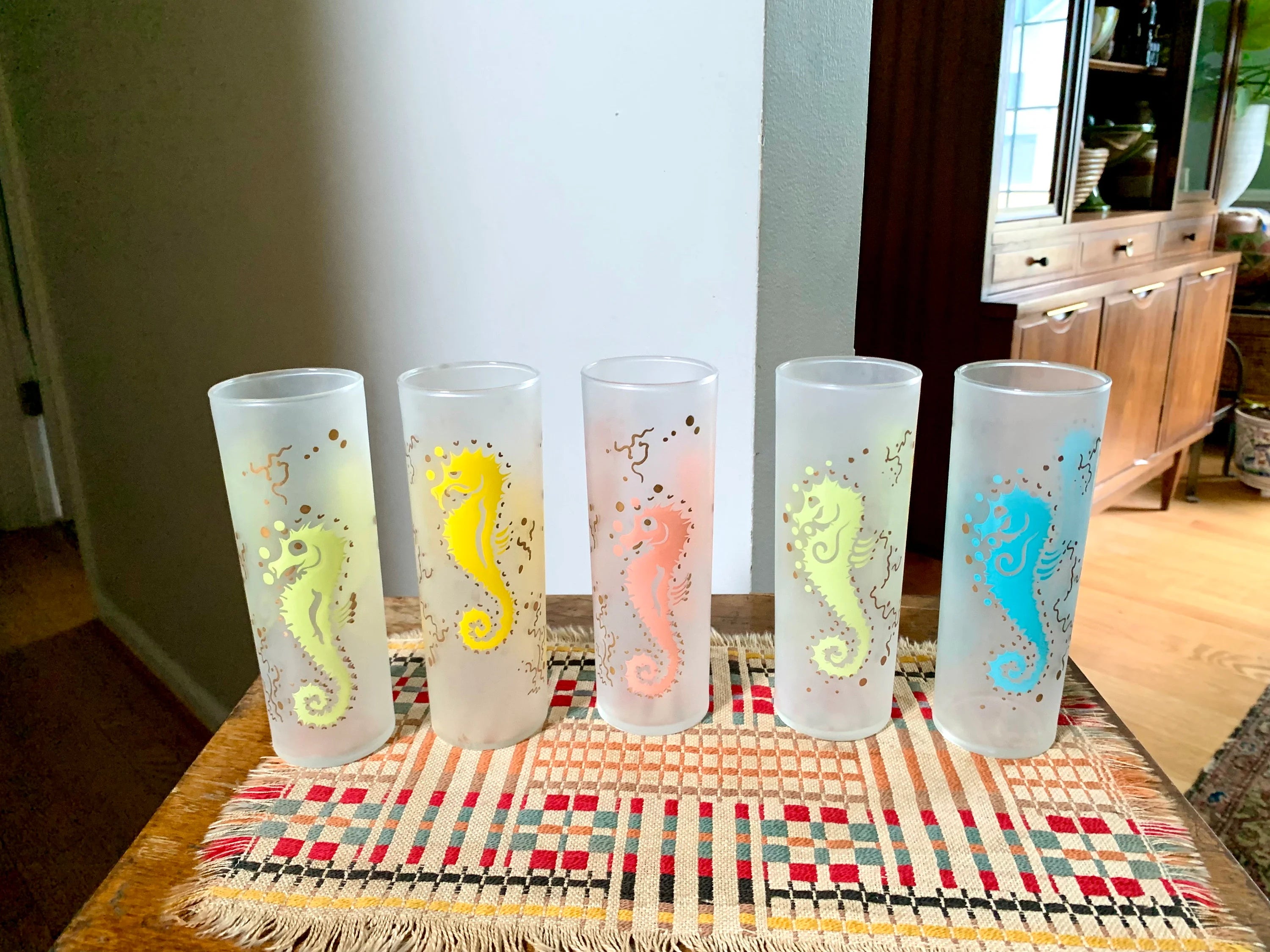 Set of 5 MCM Federal Glass Seahorse Glasses| Colorful Seahorse Glasses | 5 Frosted Sea Horse High Ball Glasses | Frosted Federal Tom Collins
