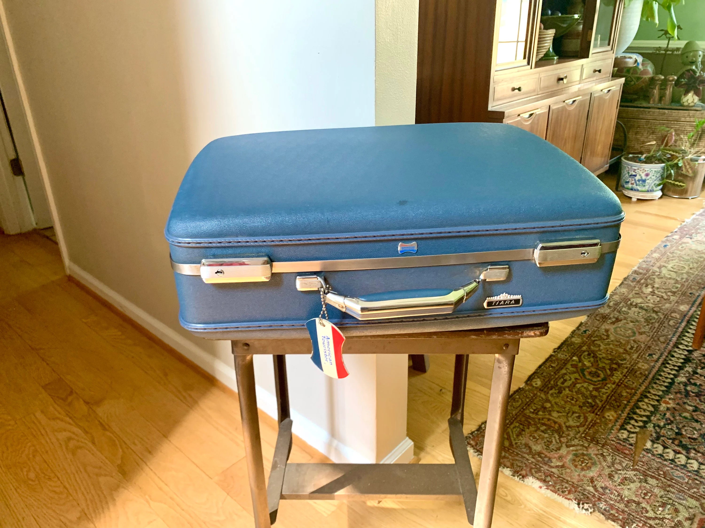 American Touister Tiara Suitcase | Vintage Navy Blue Travel Case | Mid Century Blue Hardshell Suitcase | Blue Overnight Case | Travel Bag