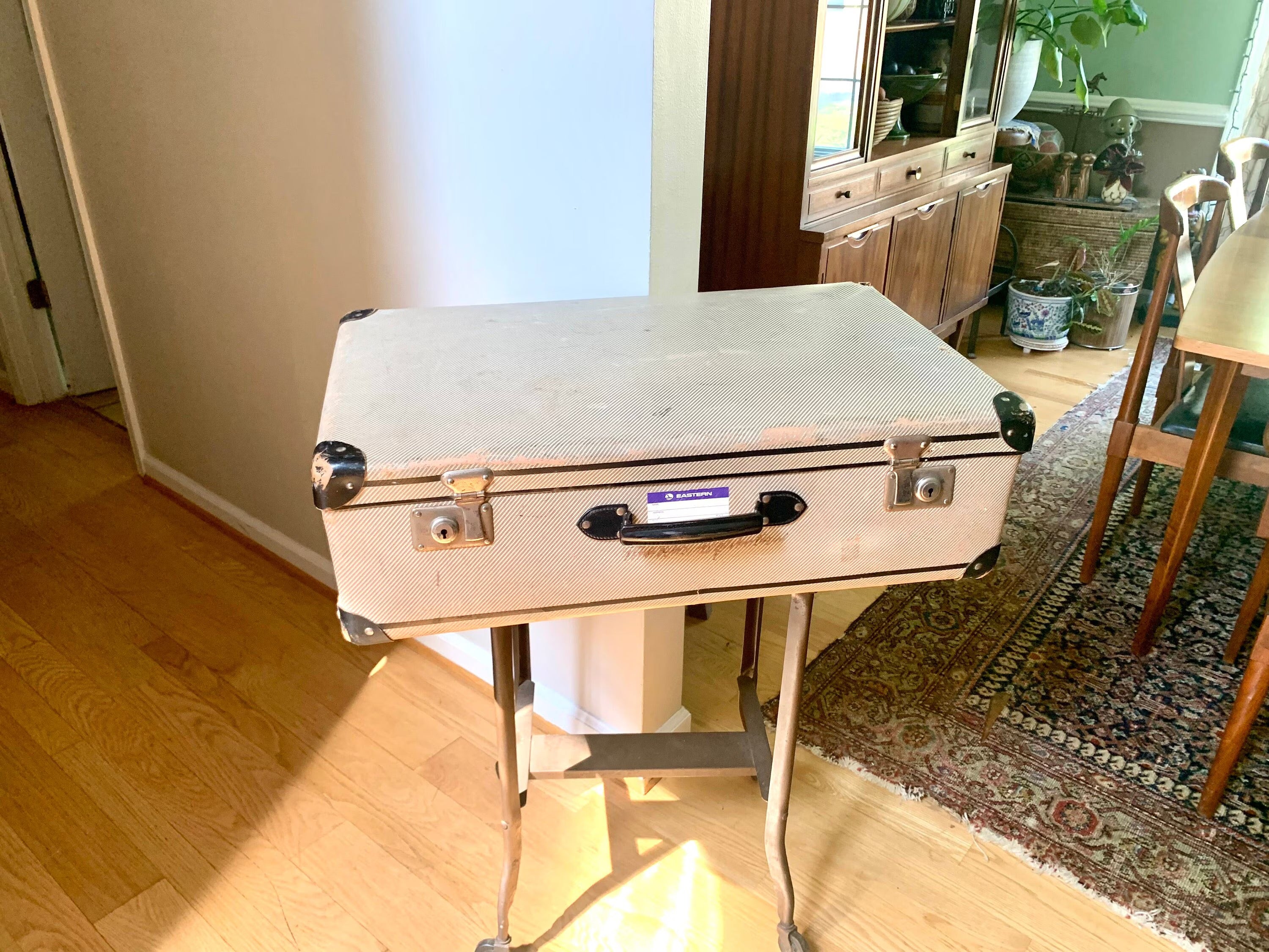 Vintage Suitcase | Hardshell Suitcase | Distressed Display Suitcase | Rustic Storage | Tan Case with Corner Protectors