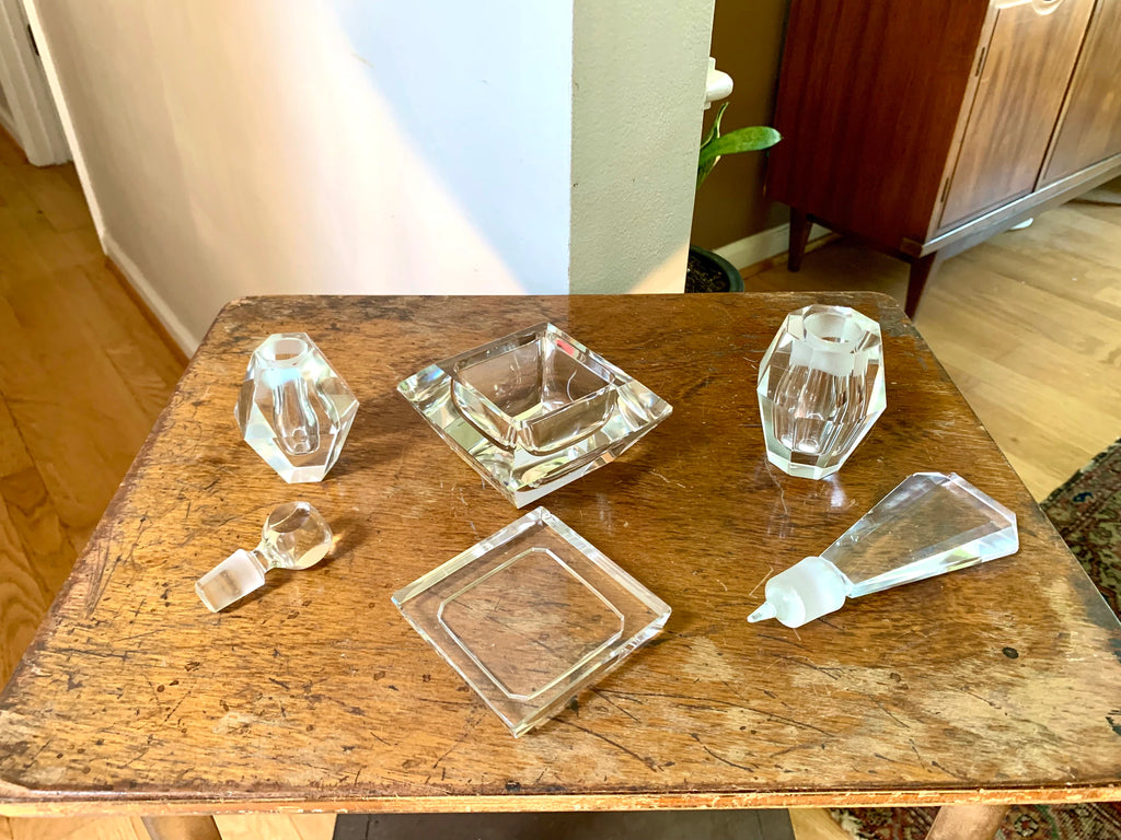 Vintage Art Deco Crystal Vanity Set | Crystal Perfume Bottle | Cut Glass Vanity Set | Crystal Powder Set