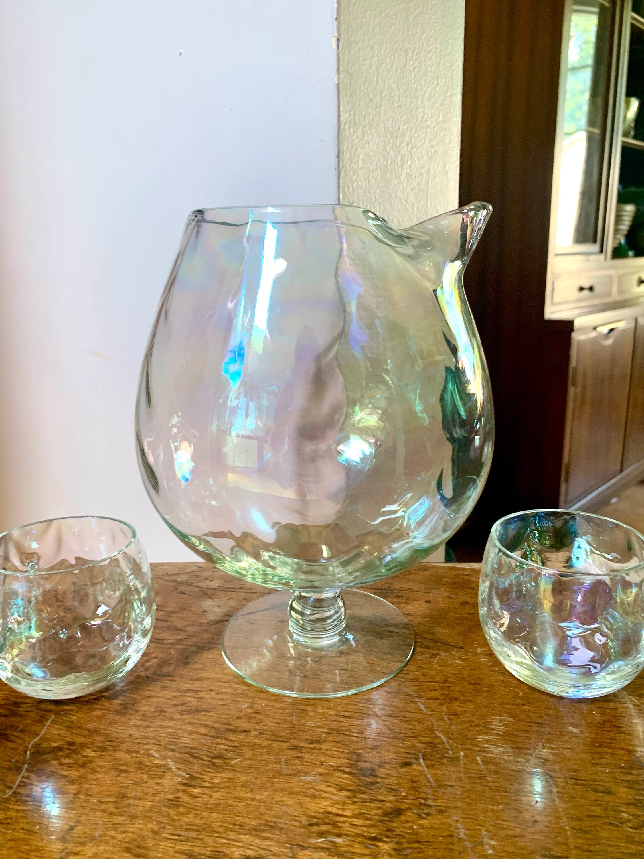 Vintage W. Virginia Glass Iridescent Pedestal Pitcher Set | Draping Iridescent Pedestal Cocktail Pitcher Set | Fostoria Shell Pearl Pattern