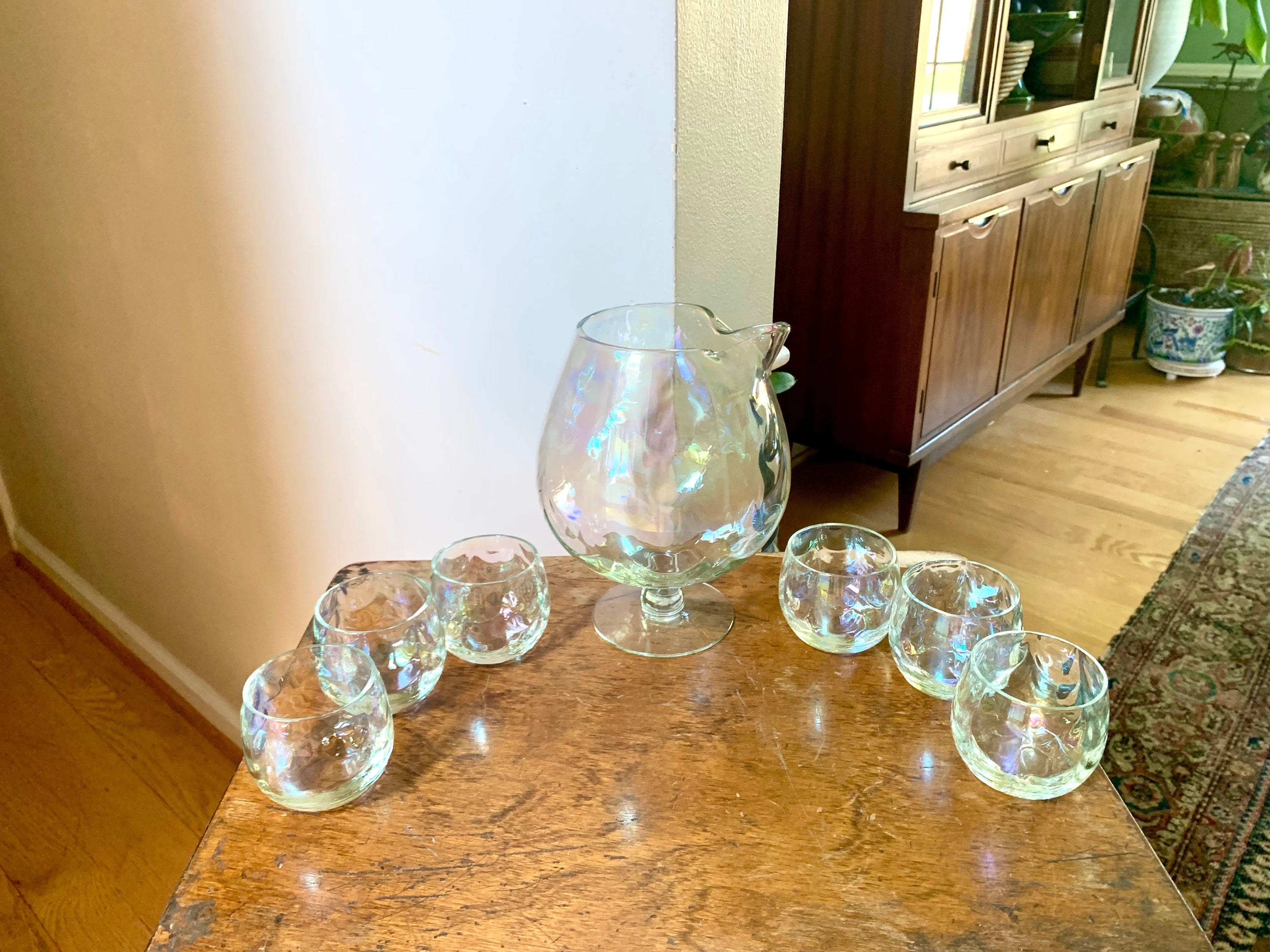 Vintage W. Virginia Glass Iridescent Pedestal Pitcher Set | Draping Iridescent Pedestal Cocktail Pitcher Set | Fostoria Shell Pearl Pattern