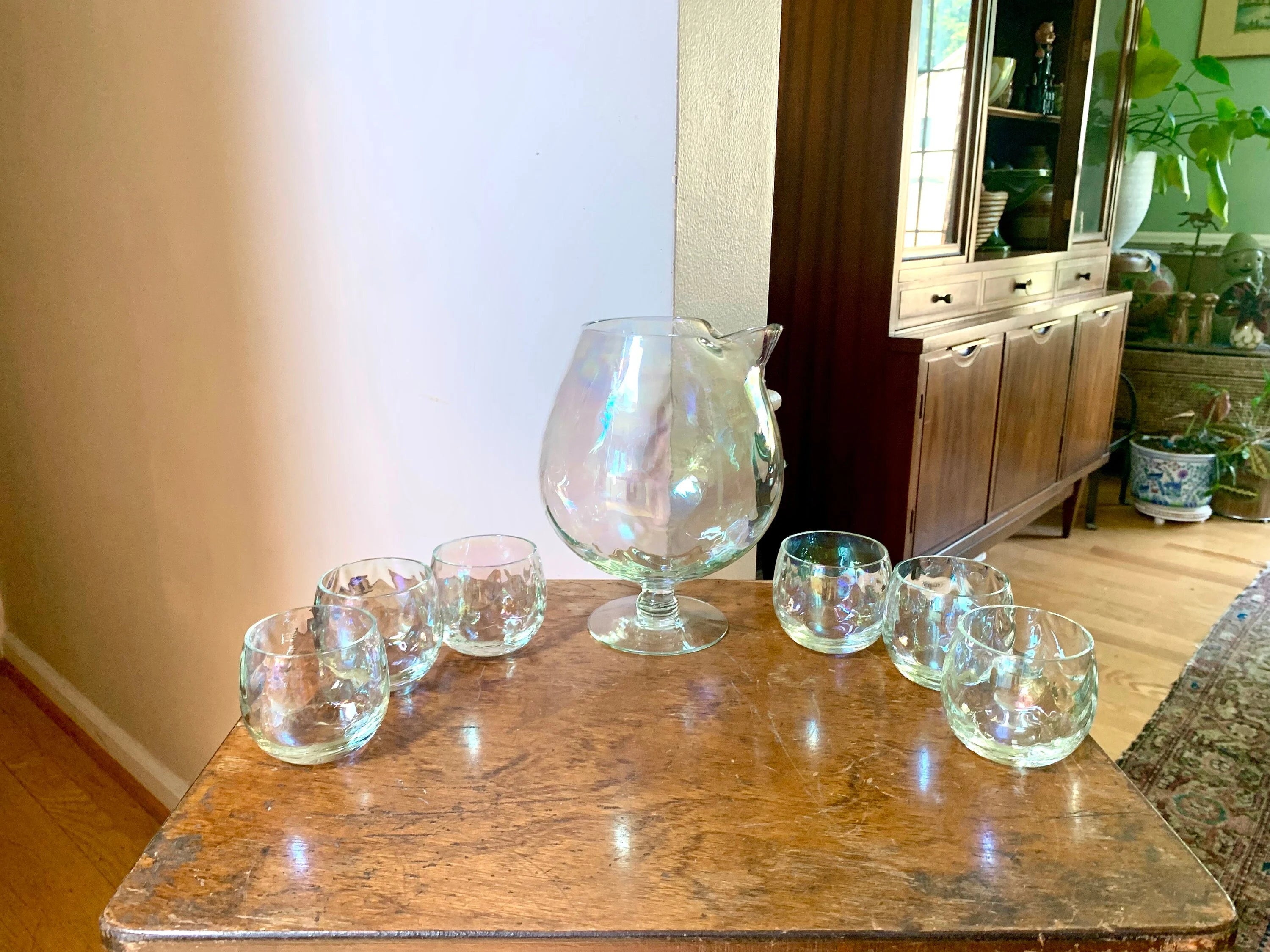 Vintage W. Virginia Glass Iridescent Pedestal Pitcher Set | Draping Iridescent Pedestal Cocktail Pitcher Set | Fostoria Shell Pearl Pattern