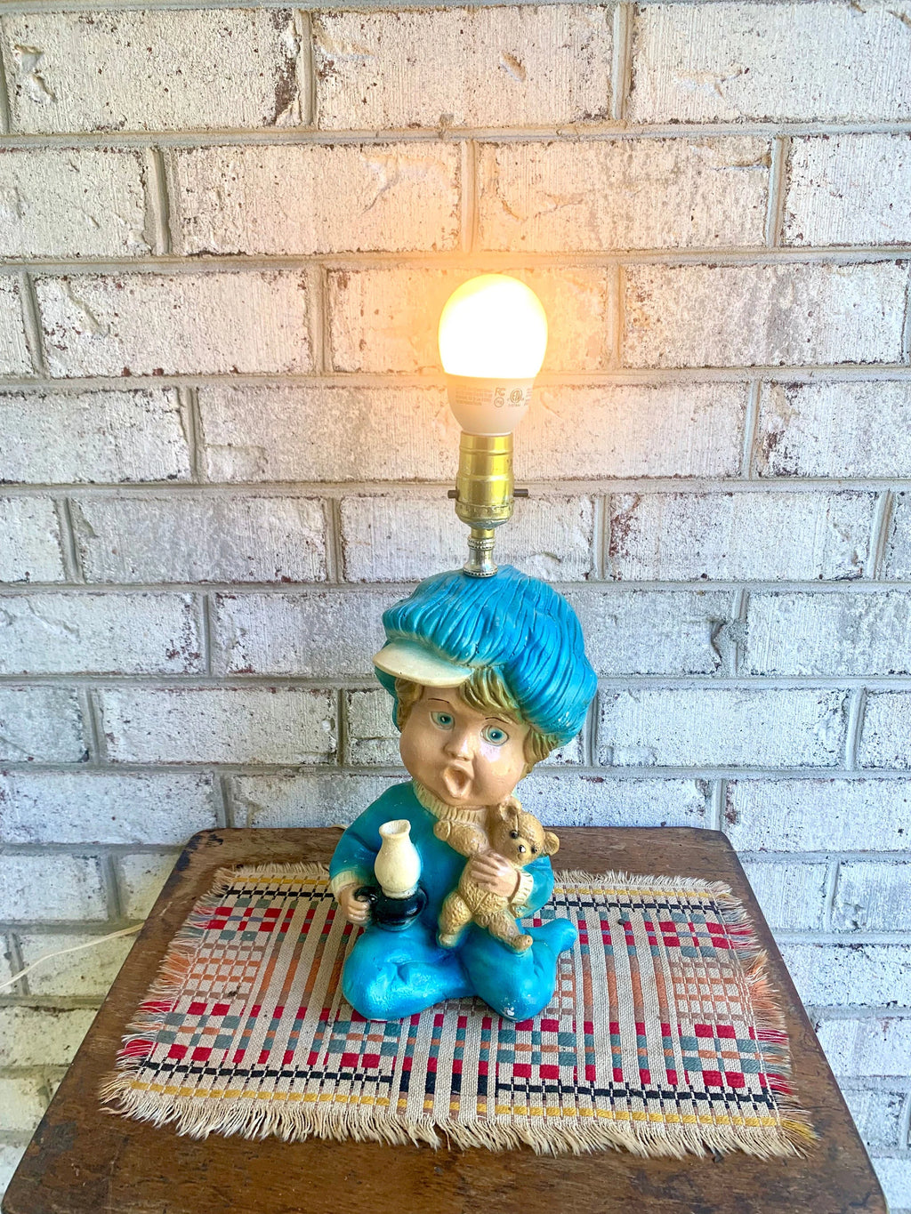 Vintage Sleepy Baby Chalk Ware Lamp | Blue Baby Boy Chalkware Lamp | Nursery Lamp | Chalkware Lamp