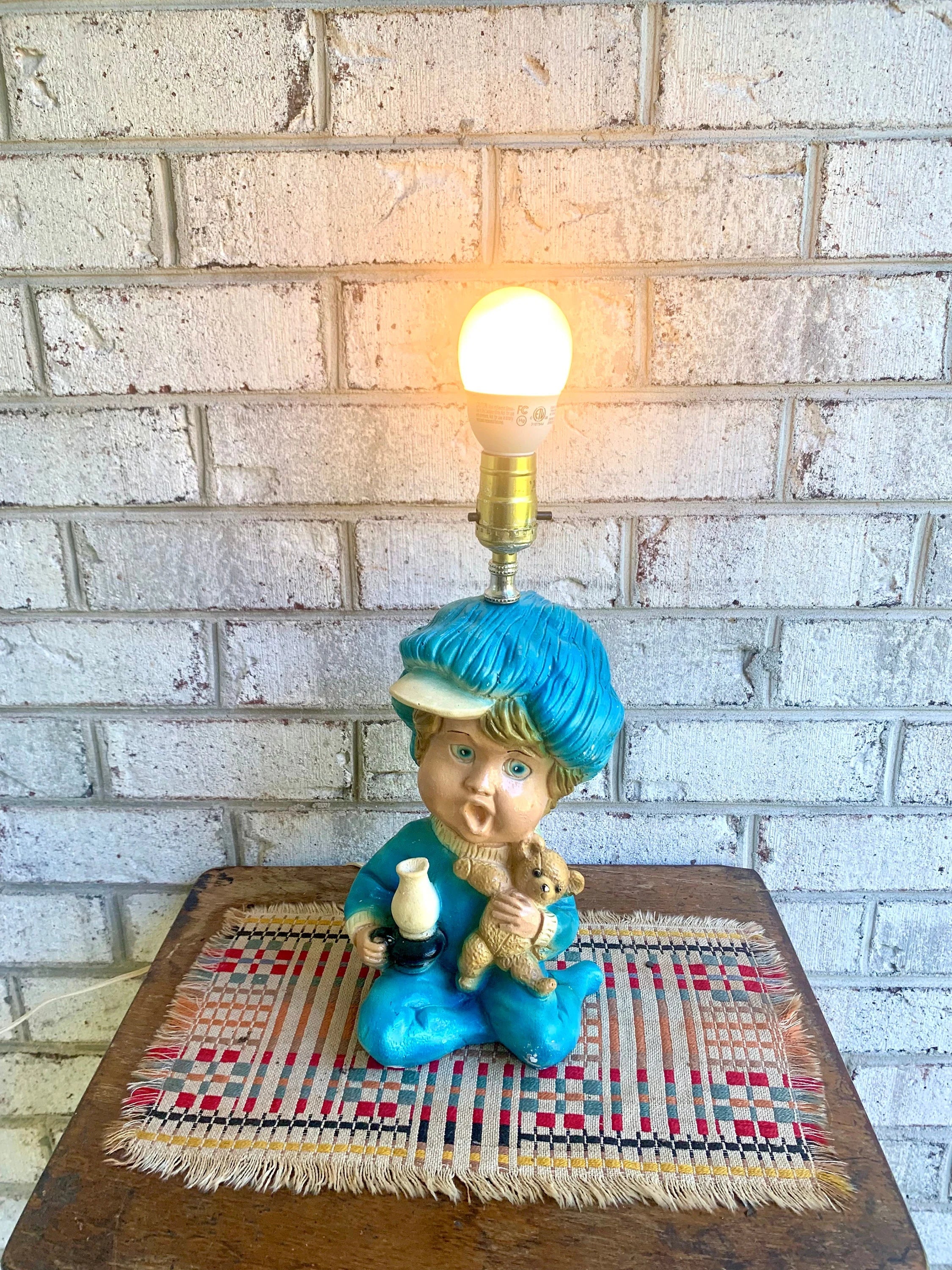 Vintage Sleepy Baby Chalk Ware Lamp | Blue Baby Boy Chalkware Lamp | Nursery Lamp | Chalkware Lamp