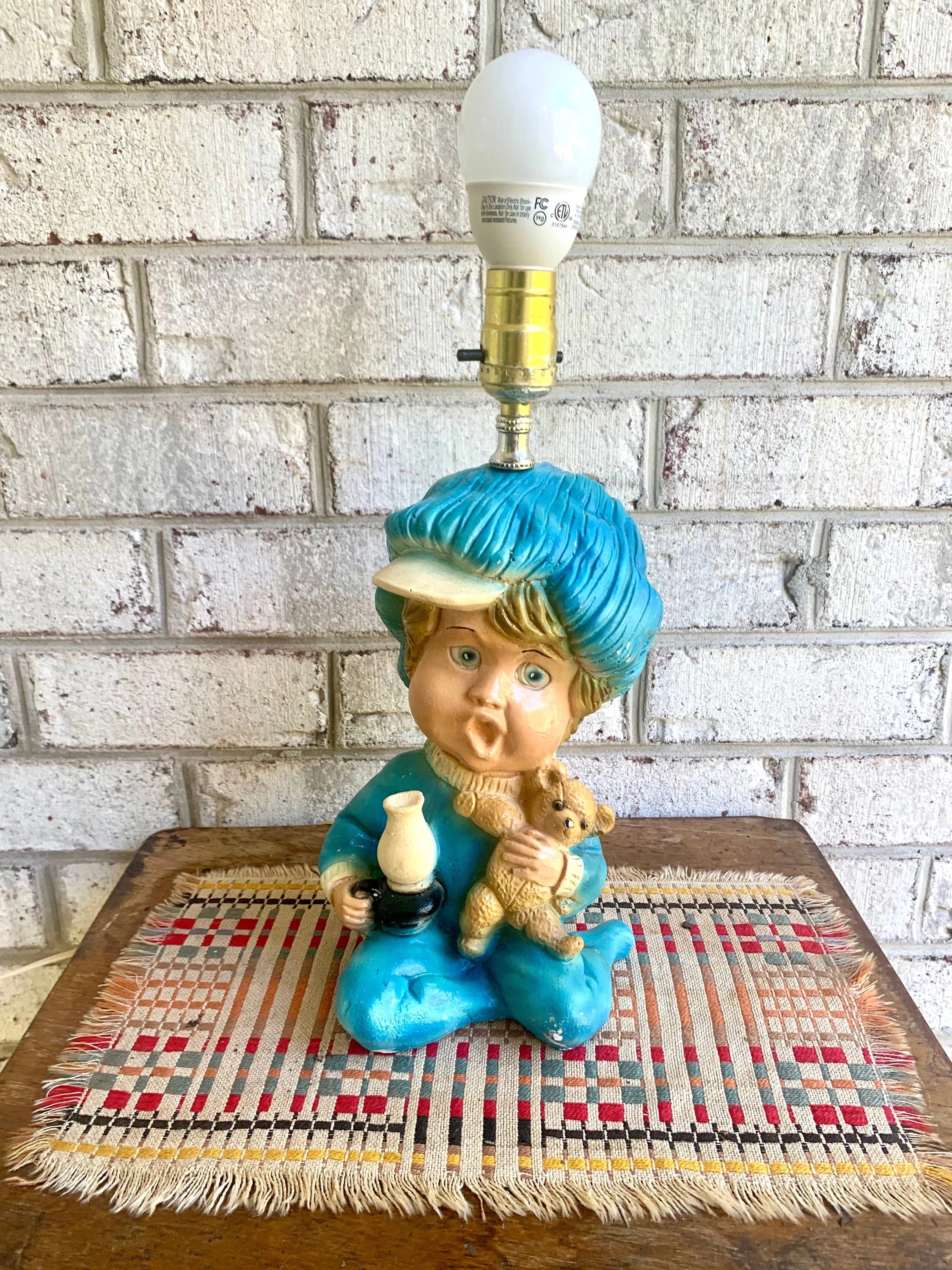 Vintage Sleepy Baby Chalk Ware Lamp | Blue Baby Boy Chalkware Lamp | Nursery Lamp | Chalkware Lamp